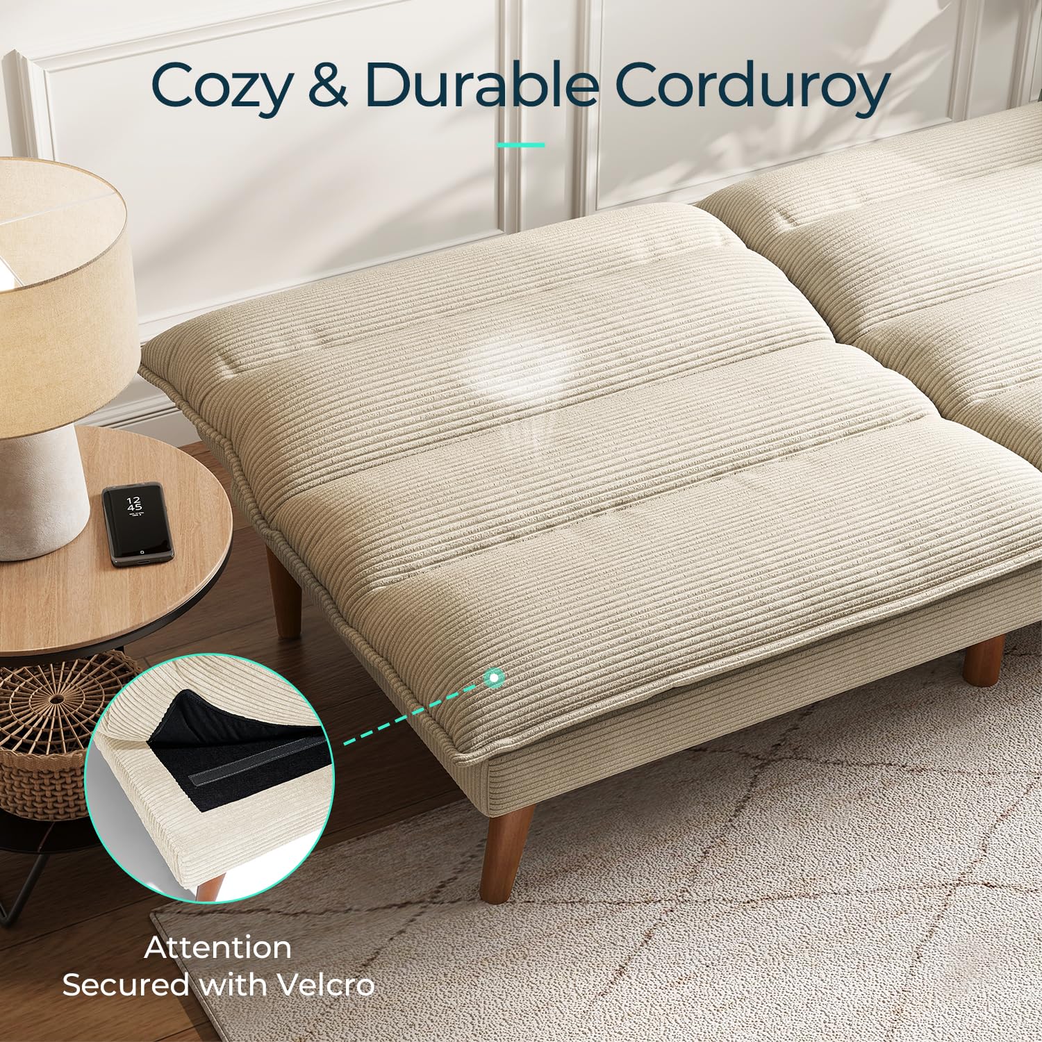 Convertible Corduroy Futon Sofa Bed with Adjustable Backrest