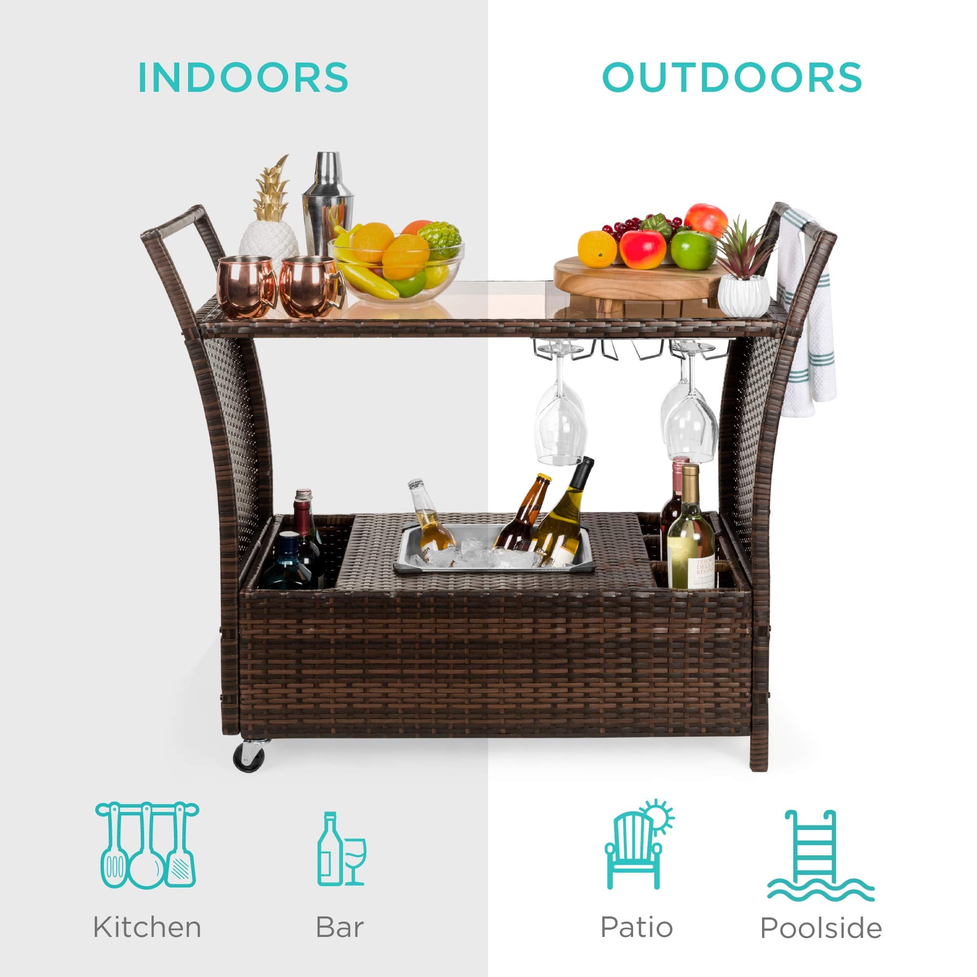 Outdoor Rolling Wicker Bar Cart with Glass Top