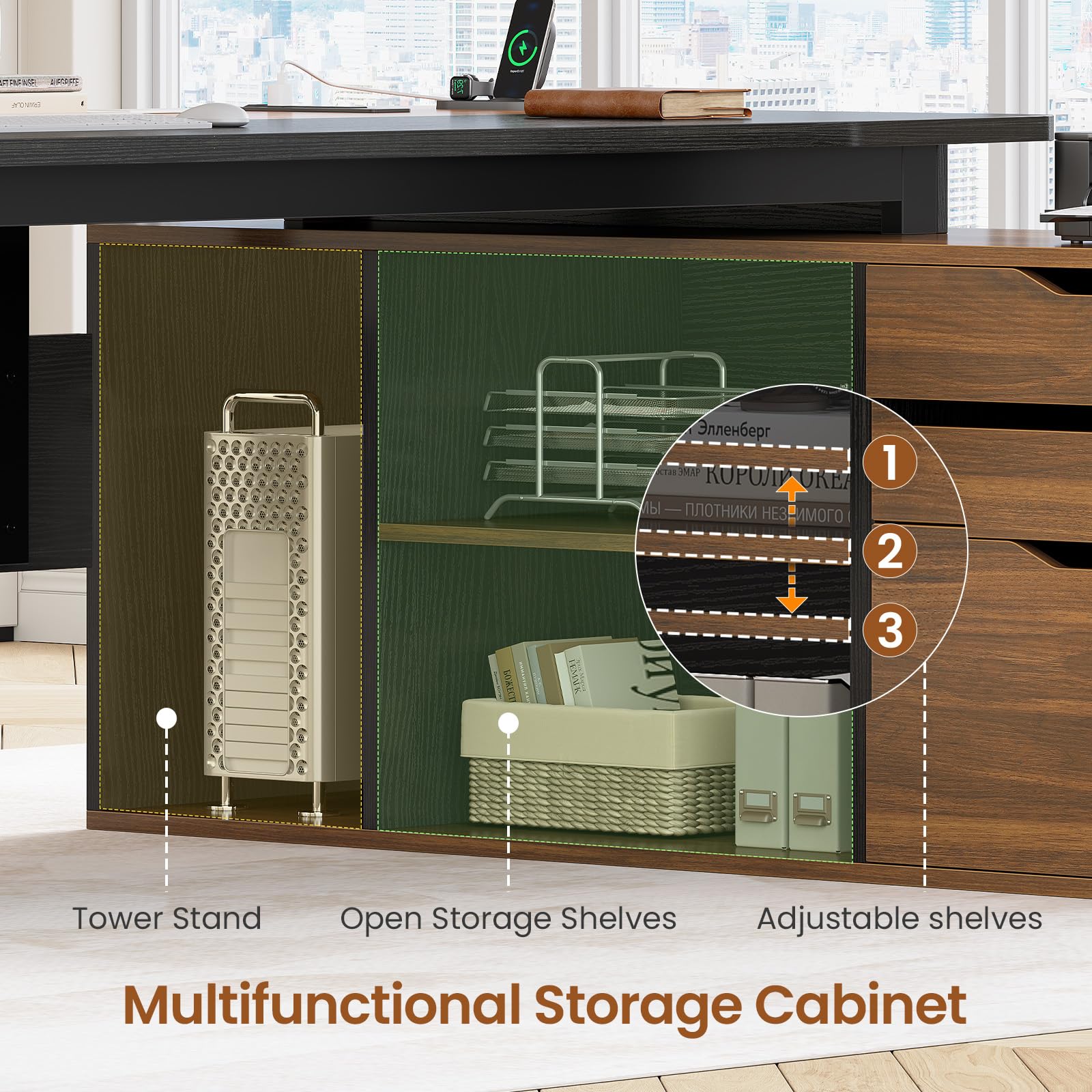 71" Executive Desk with File Cabinet and Power Outlets