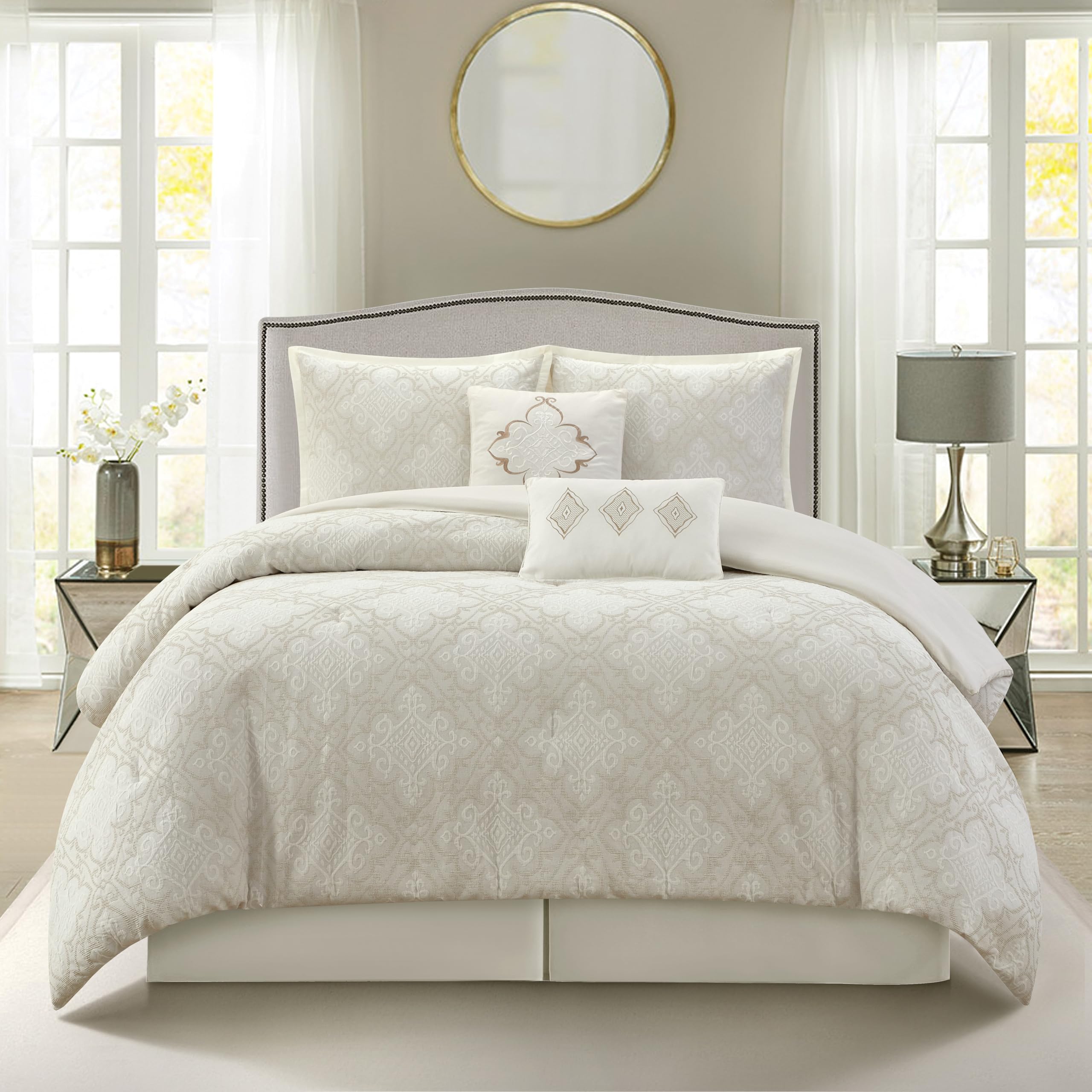 6-Piece King Comforter Set White Jacquard Geometric