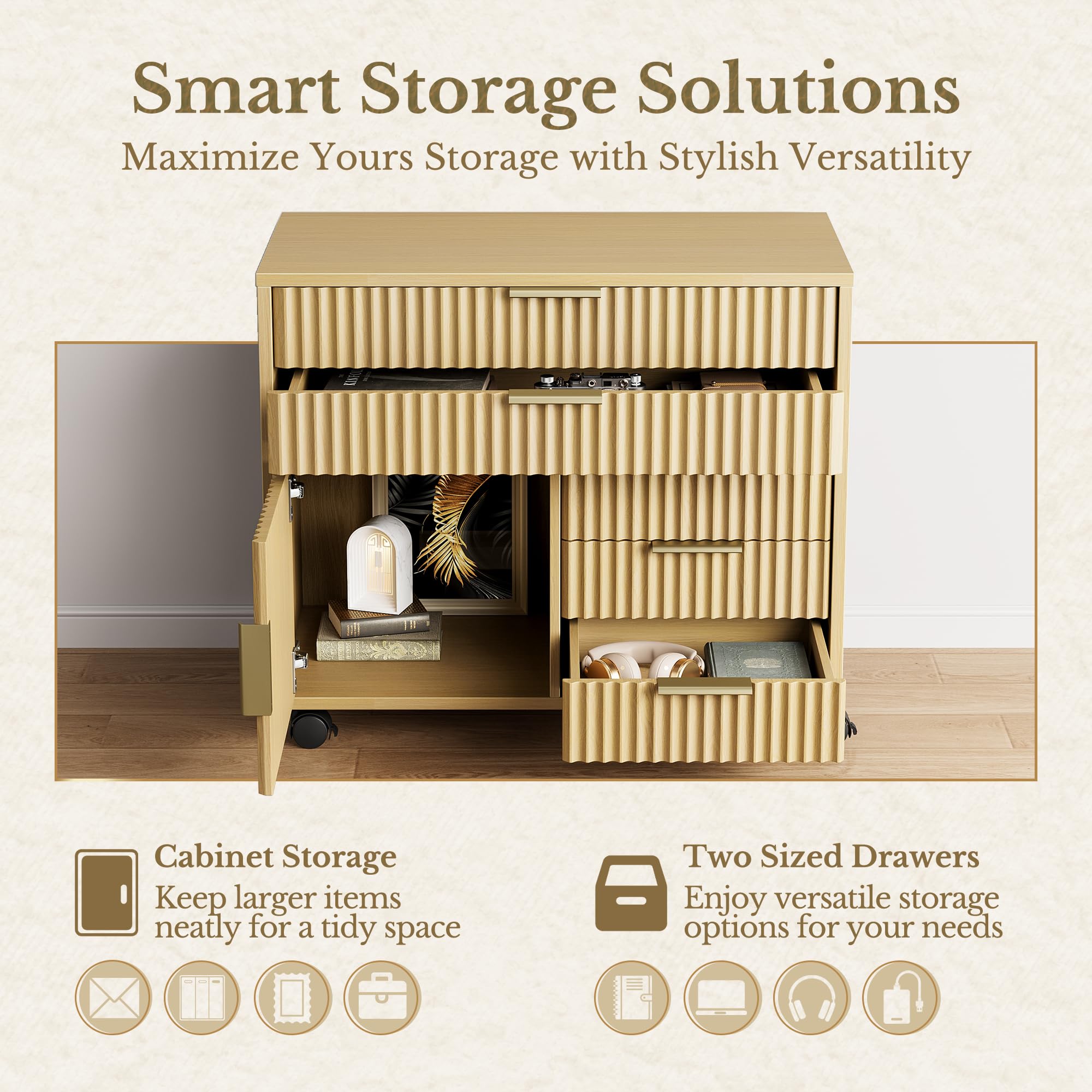 Perledesign Home Office Furniture Set, Fluted Wooden File Cabinet with Locable Wheels, Filing Cabinet with 5 Drawers for Home Office, Light Walnut