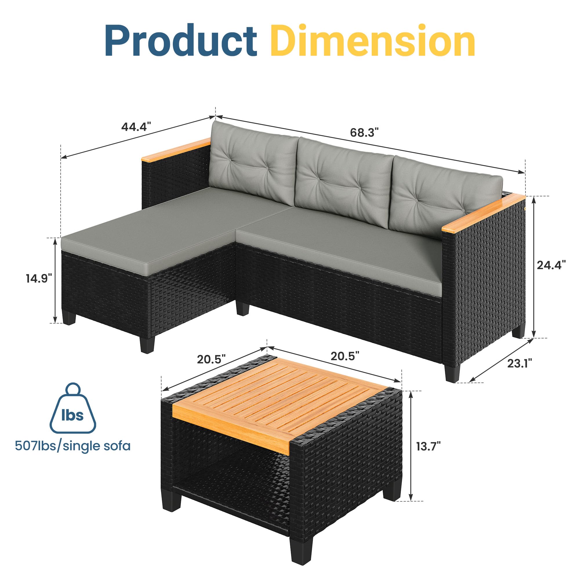 Small Patio Furniture Set - 3 Piece L-Shape Sectional Sofa with Storage Table