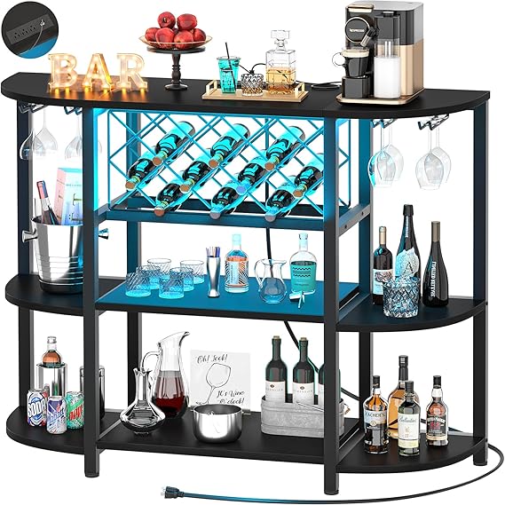 Wine Bar Cabinet with LED Light and Charging Station