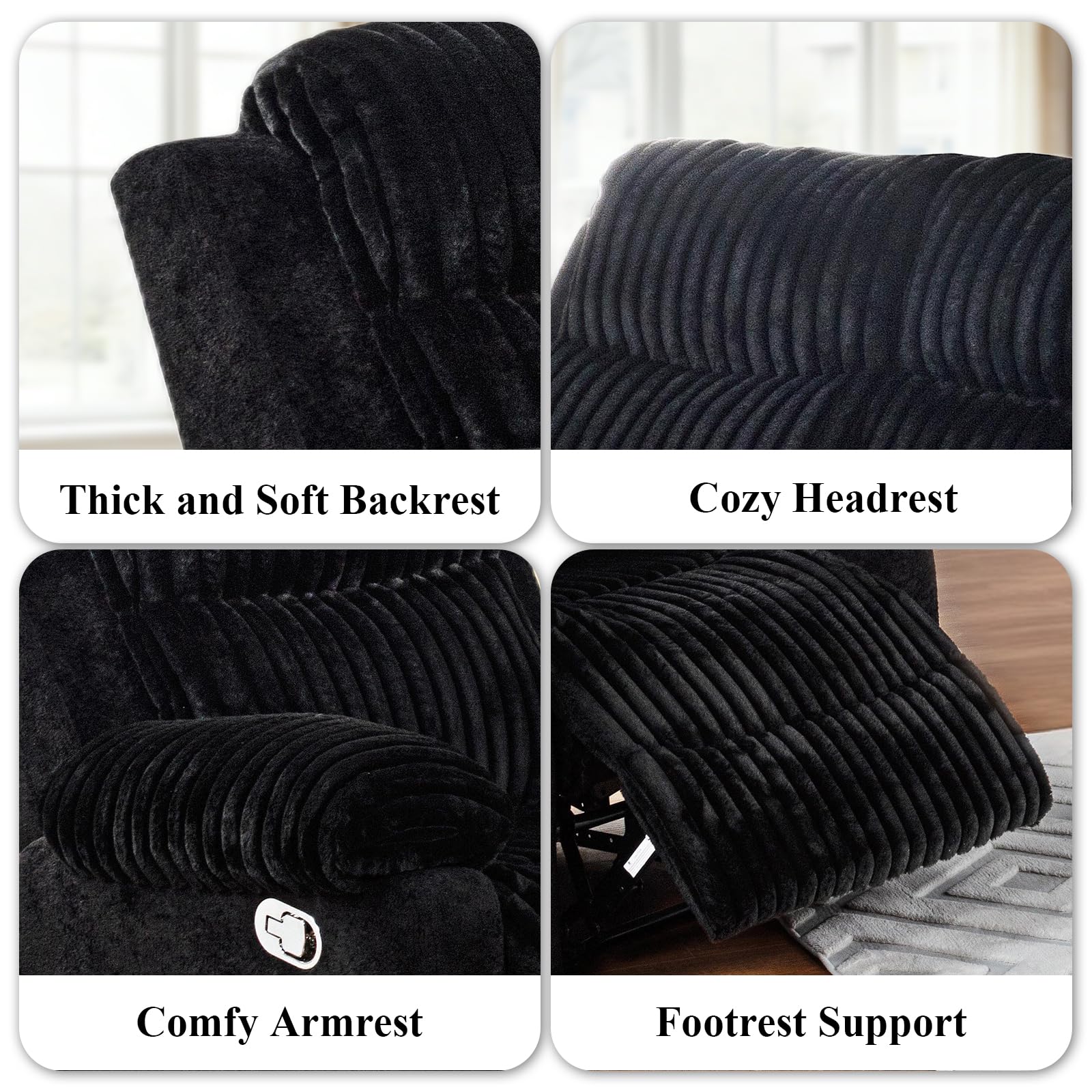 Reclining Sofa Sets, 3 Seater Reclining Couch and Loveseat with Coffee Table, Storage Console, Cup Holders, Corduroy Manual Oversized Recliner Chair with Soft Cushion for Living Room (Black,3PCS)