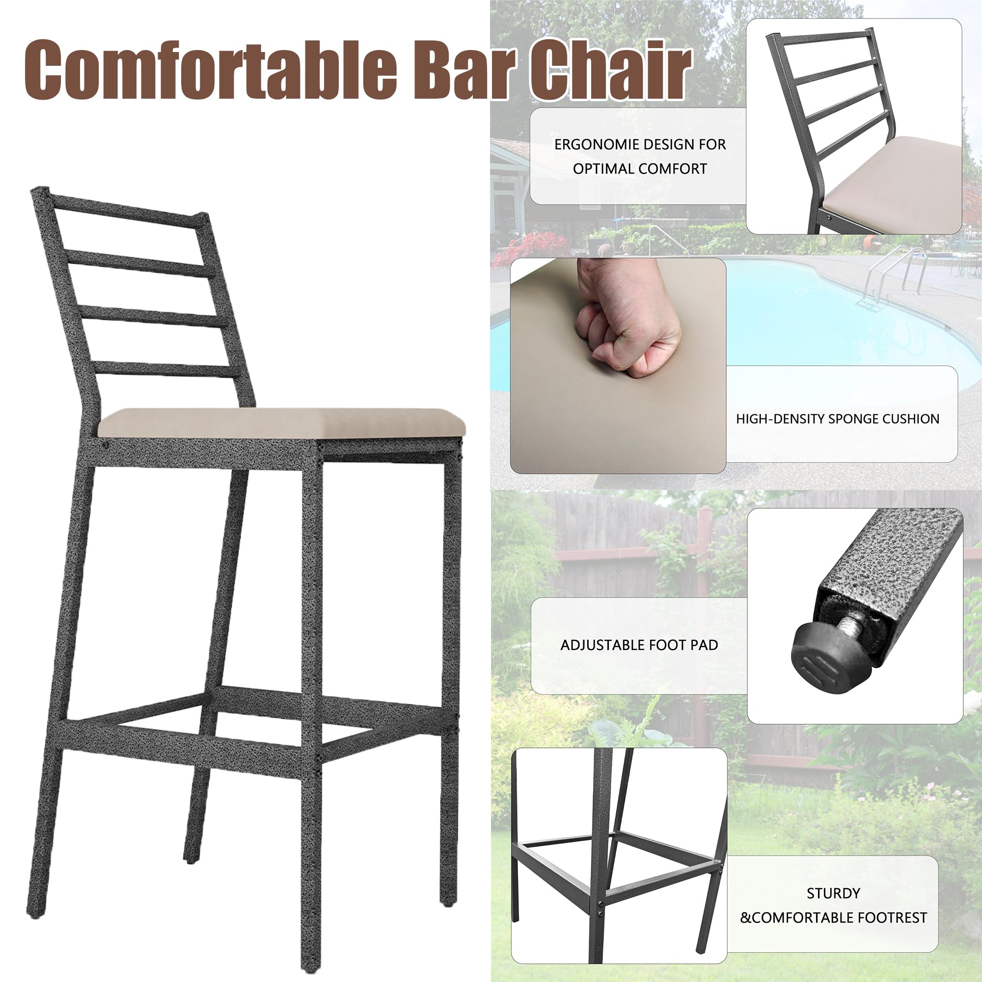 3-Piece Outdoor Bar Set with Cushioned Stools