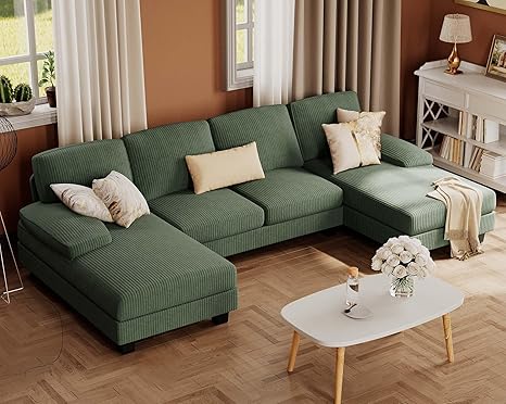 U-Shaped Sectional Sofa with Linen Fabric and Double Chaise