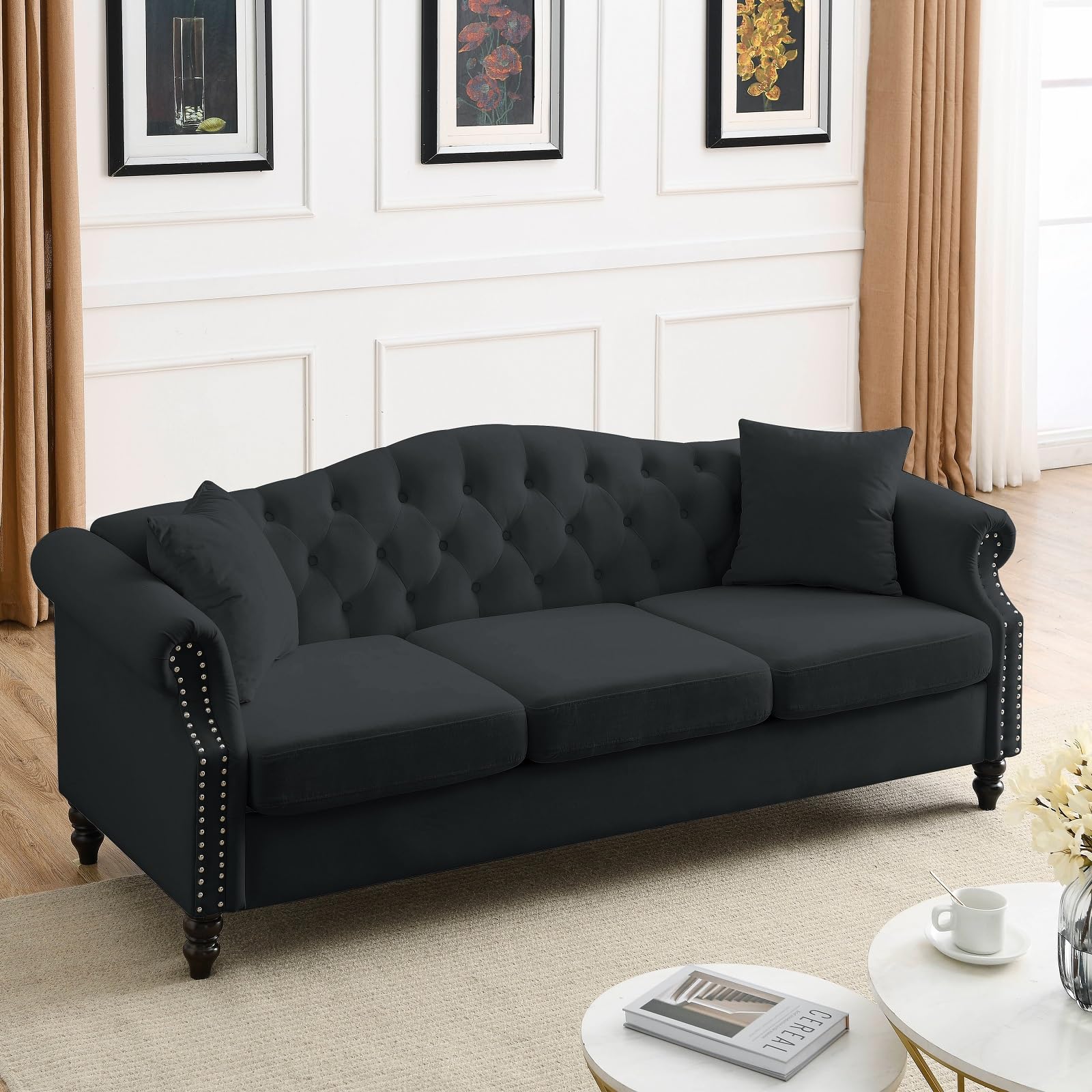 Anwick Velvet Chesterfield Sofa Classic 3 Seater Couch Modern Upholstered Sofa with Tufted Back and Two Pillows for Living Room Office (Black-2)