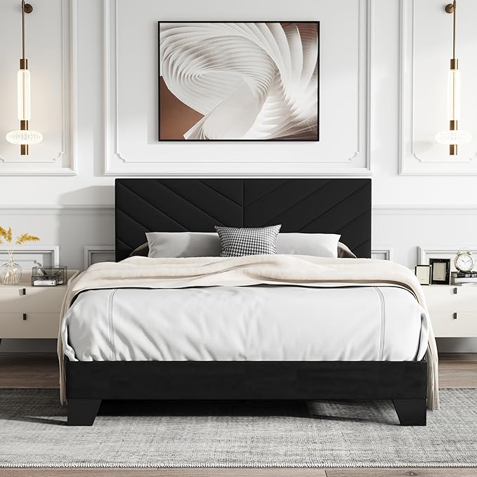 Queen Platform Bed Frame with Upholstered Headboard