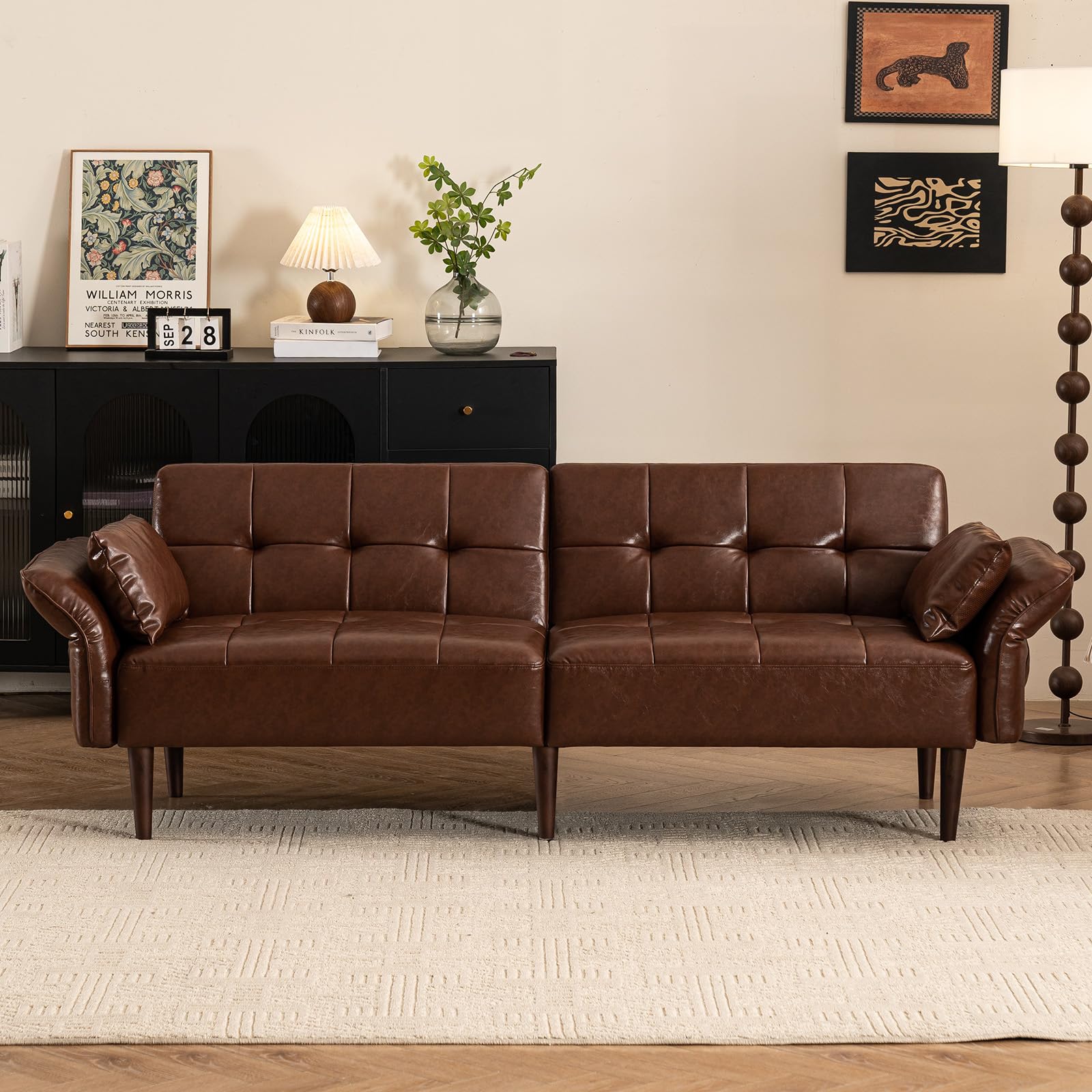 HALLYBEE Futon Sofa Bed, Sleeper Sofa, Small Couch with Storage Adjustable Armrests Pillows, Faux Leather Loveseat, Mid Century Modern Couches for Living Room, Bedroom, Apartment, Red Brown