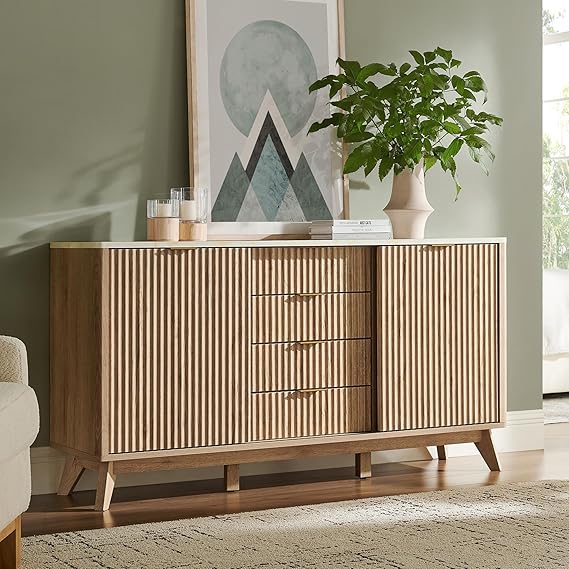 60" Fluted Dresser with Sliding Doors and 4 Drawers