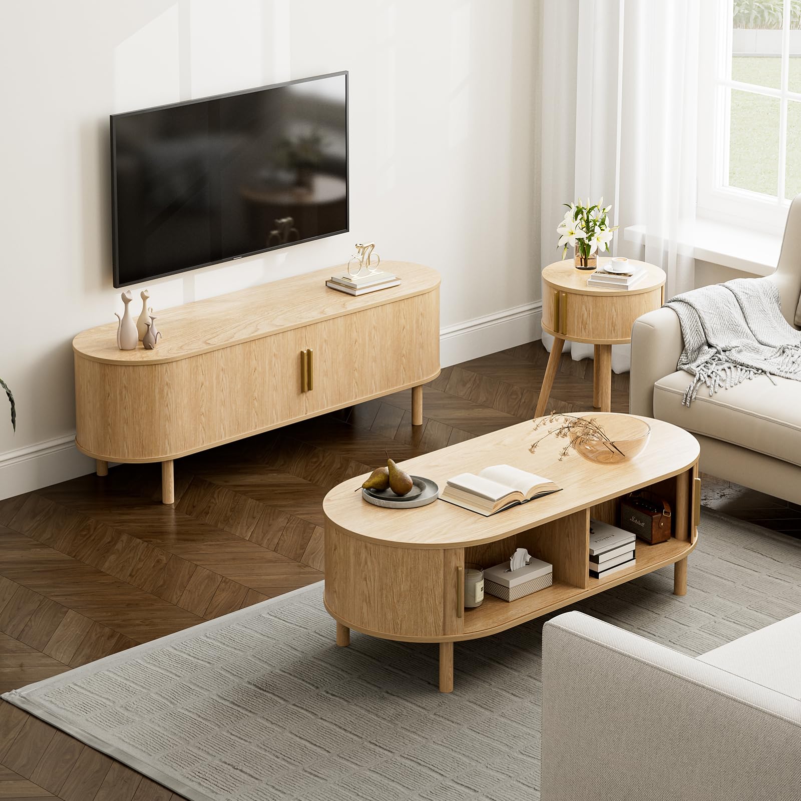 Oval Coffee Table with Sliding Door Cabinets