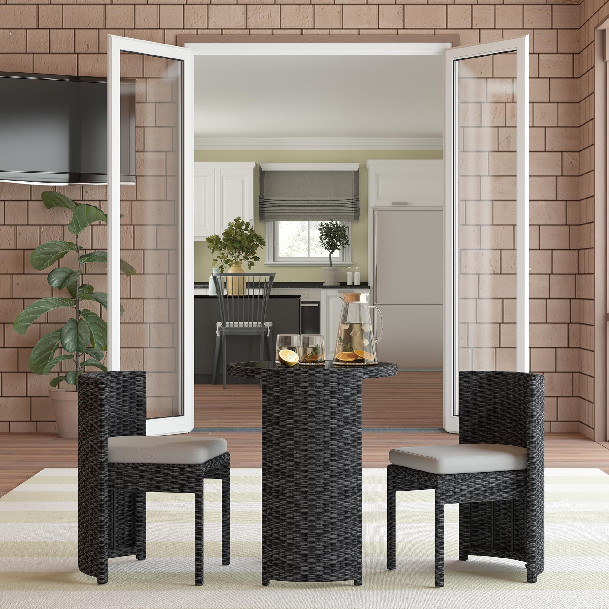 3-Piece Patio Bistro Set Handwoven Rattan Outdoor Furniture Black