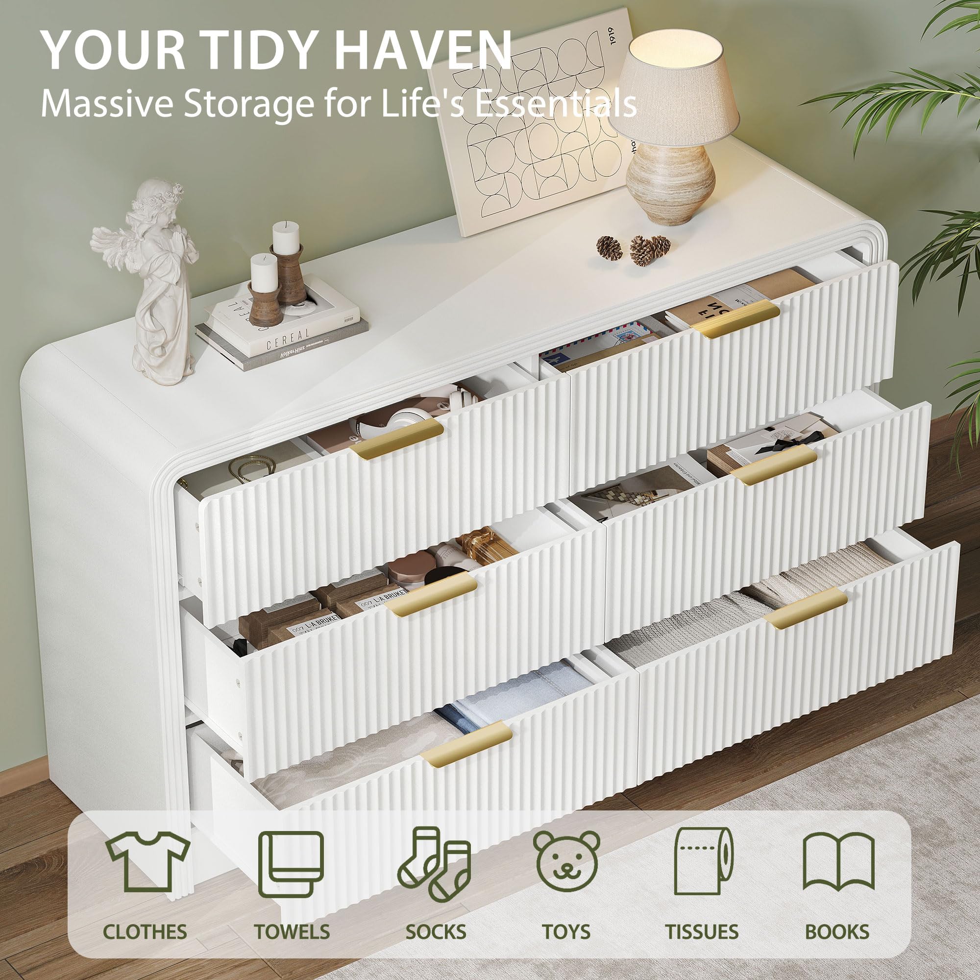 6-Drawer Fluted Dresser with Gold Handles - 55 Inch