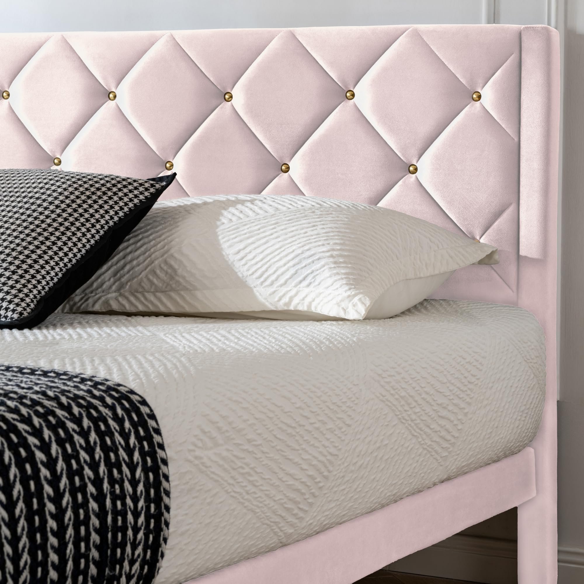 Queen Platform Bed Frame with Velvet Upholstered Headboard