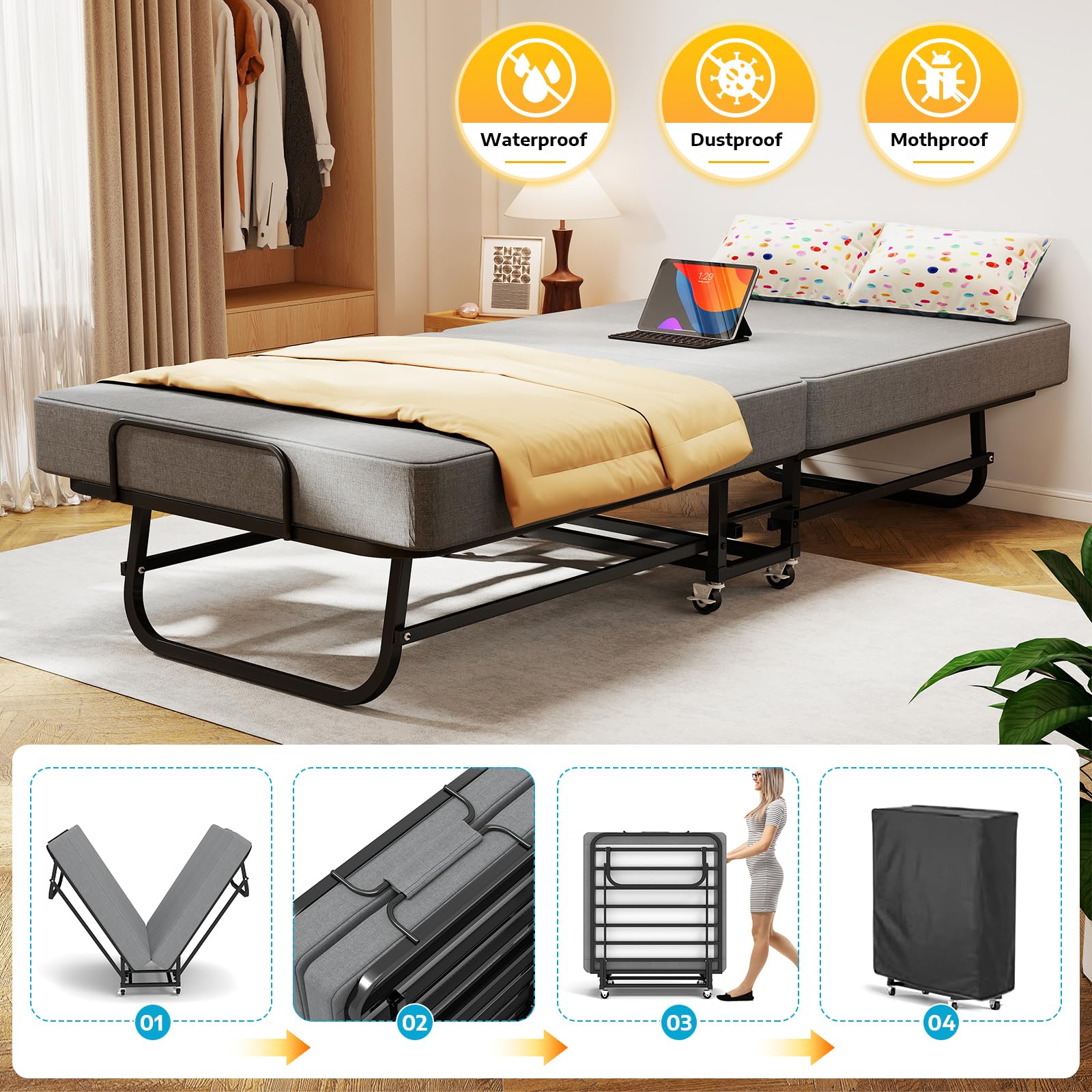 Folding Bed with Memory Foam Mattress and Wheels