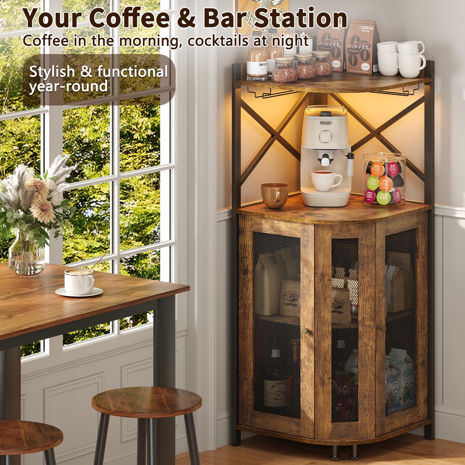 Corner Wine Bar Cabinet with LED Lights