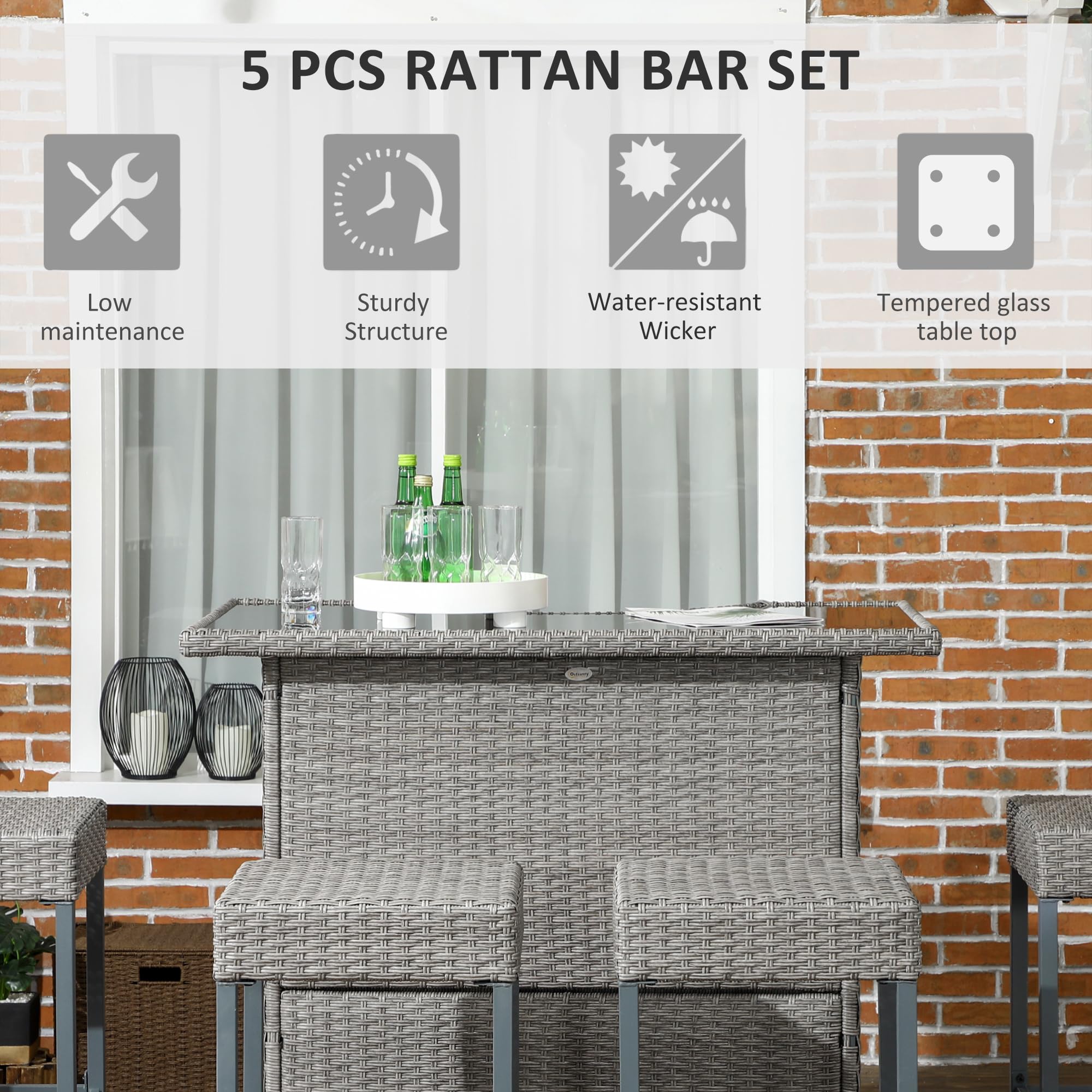 5 Piece Wicker Outdoor Bar Set with Glass Top