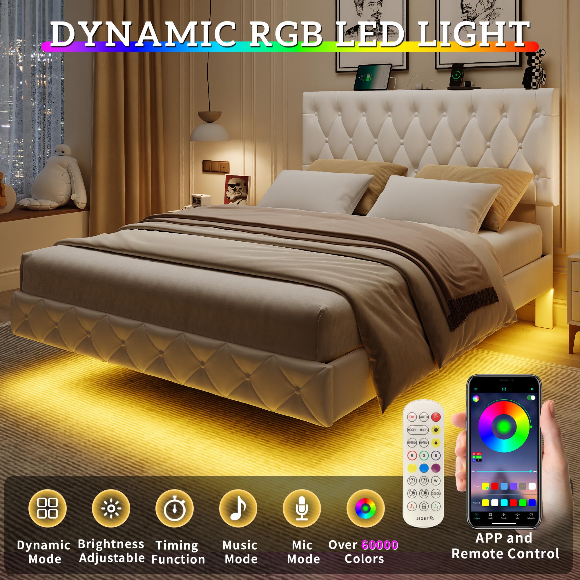 Queen Size Hydraulic Lift Storage Bed with LED Lights