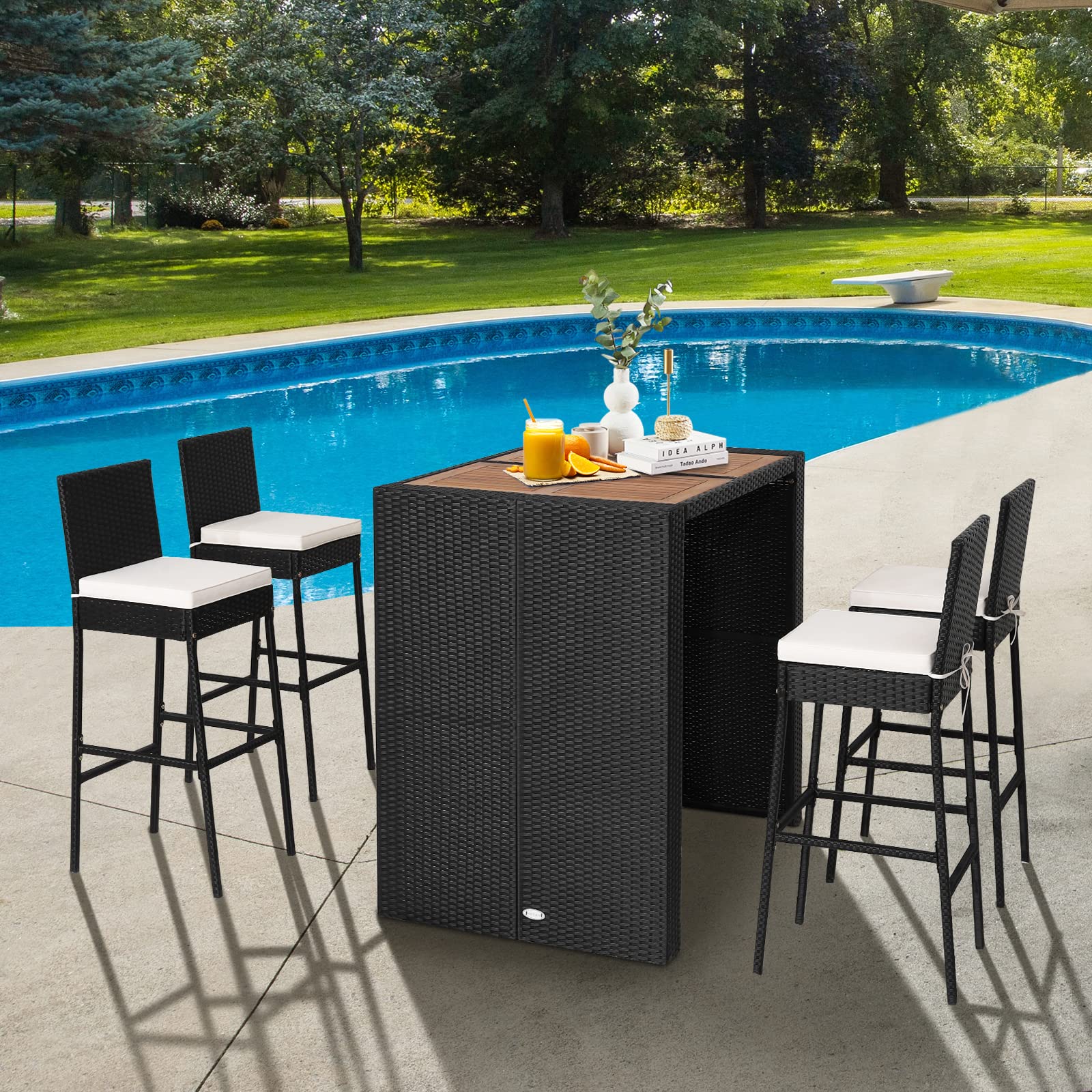 5 Piece Outdoor Bar Set with Acacia Wood Table and Rattan Stools