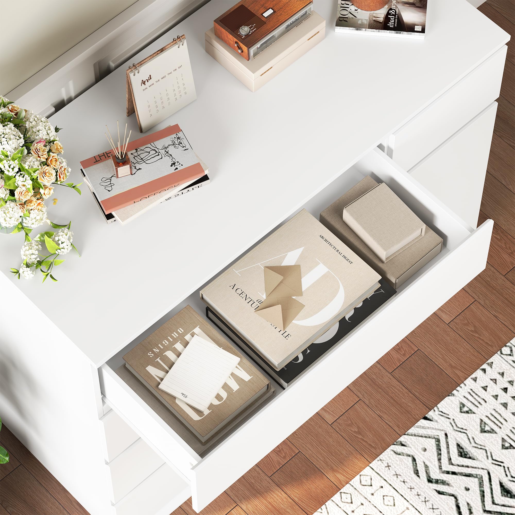 White Dresser with Deep Drawers and Door Storage