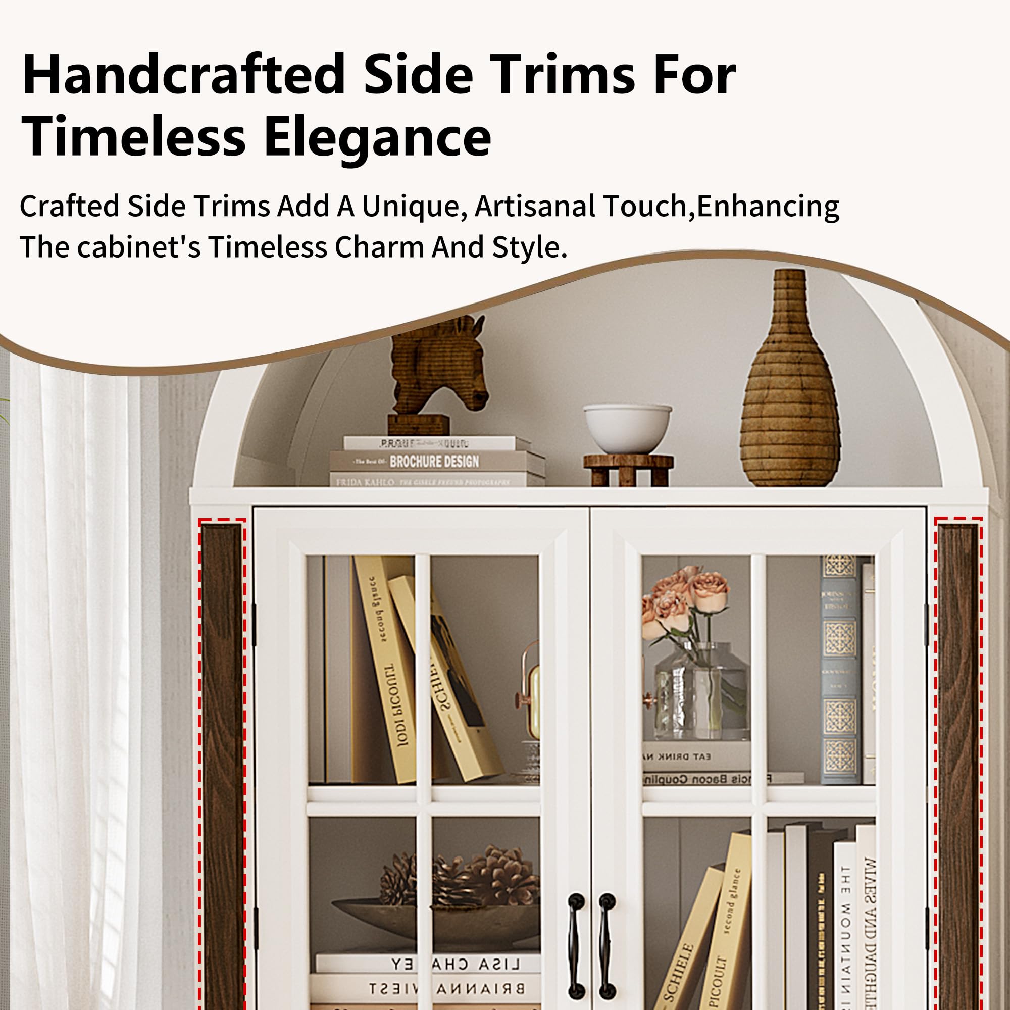 HOLCEPZN 71” Handcrafted Arched Bookcase, Filing Cabinet for Home Office, Wooden Display Cabinet with Glass Doors and Adjustable Shelves for Living Room, Dining Area, and Office, White