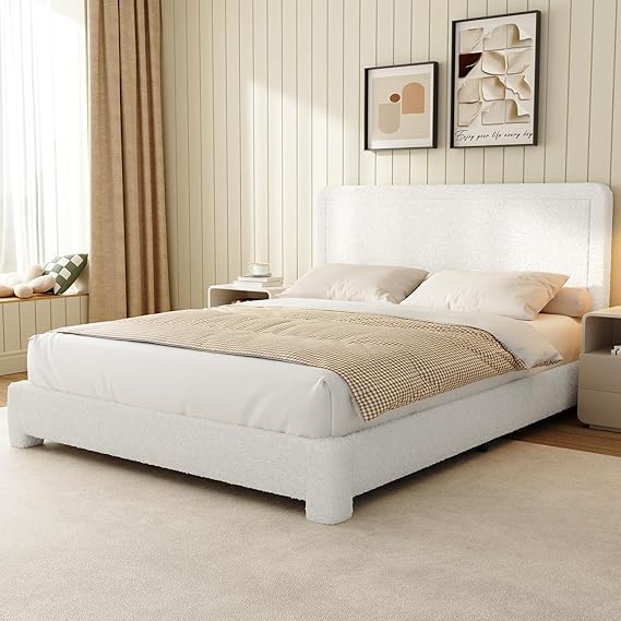 Full Size Boucle Upholstered Bed Frame with Adjustable Headboard