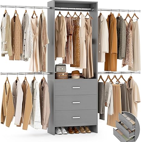 Wall-Mounted Closet System with 3 Drawers and 4 Hanging Rods