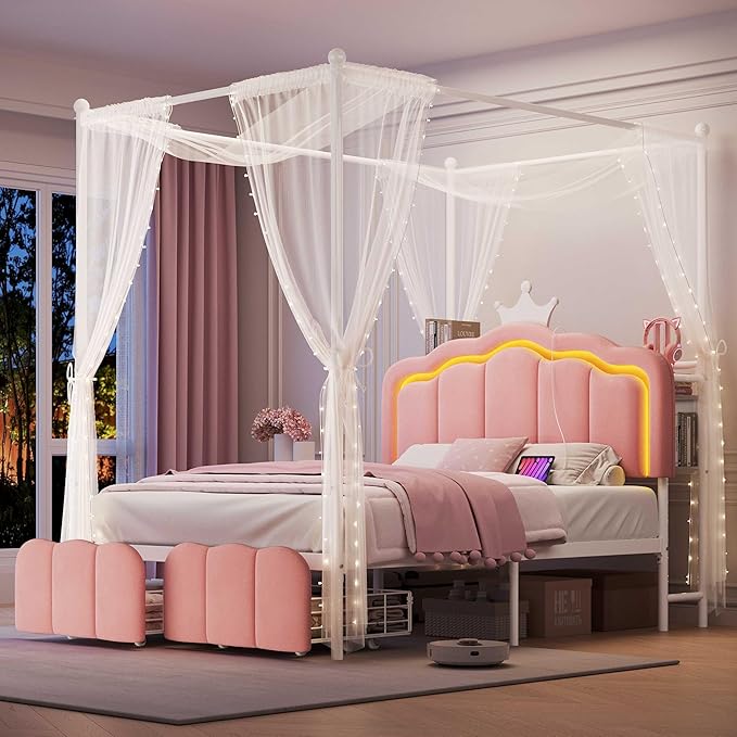 Full Velvet LED Canopy Bed with Storage