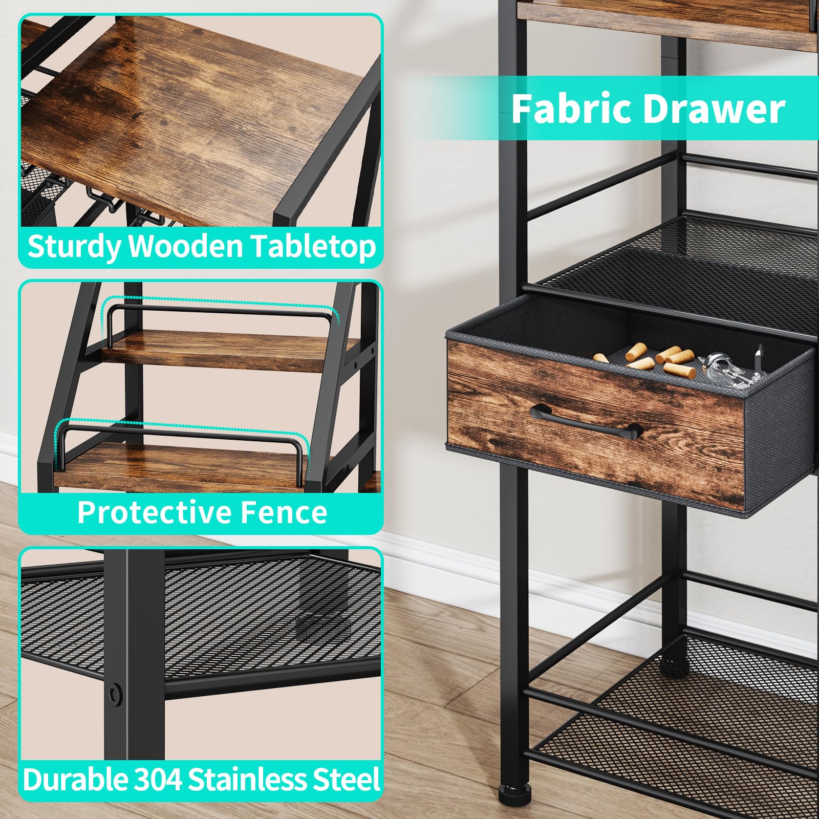 4-Tier Wine Rack with Glass Holder and Fabric Drawer