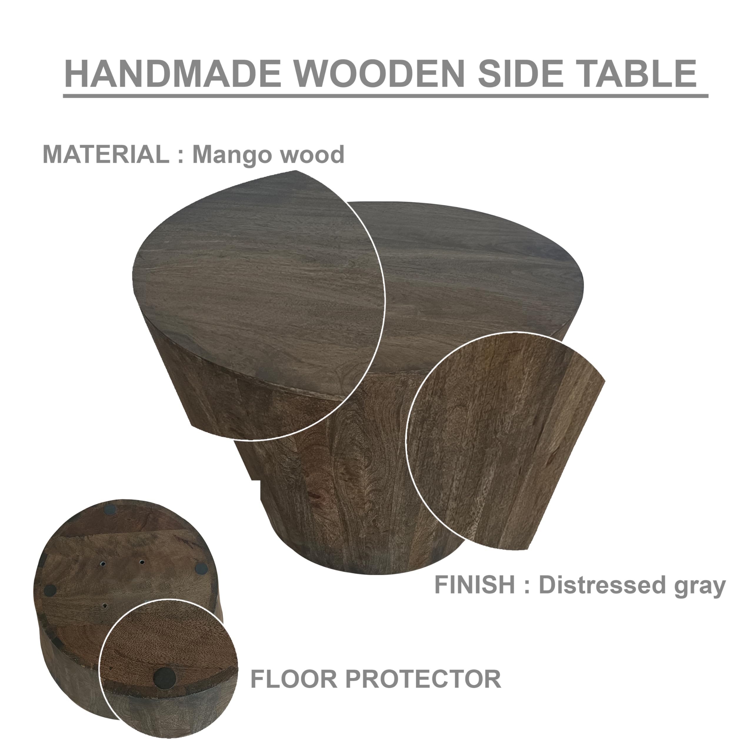 Round Drum Side Table Distressed Gray Mango Wood