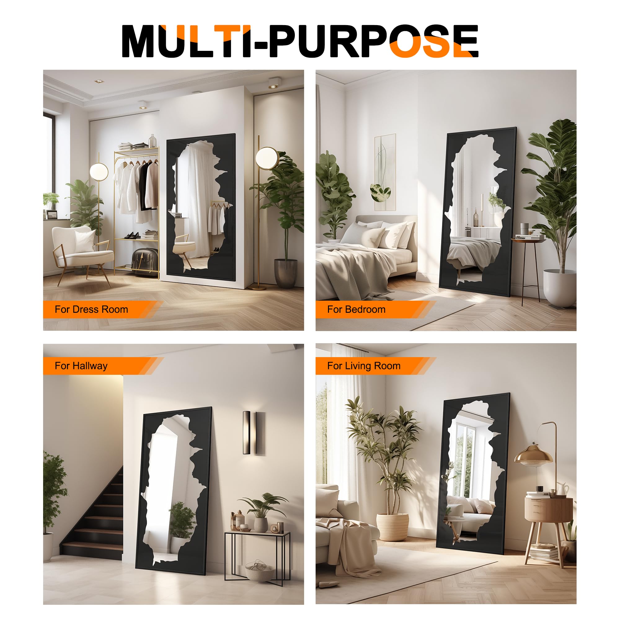 55x28 Full-Length Mirror with Artistic Black Abstract Overlay