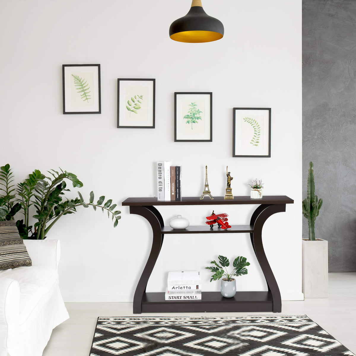 3-Tier Wood Console Table with Curved Legs - 47 Inch Cappuccino