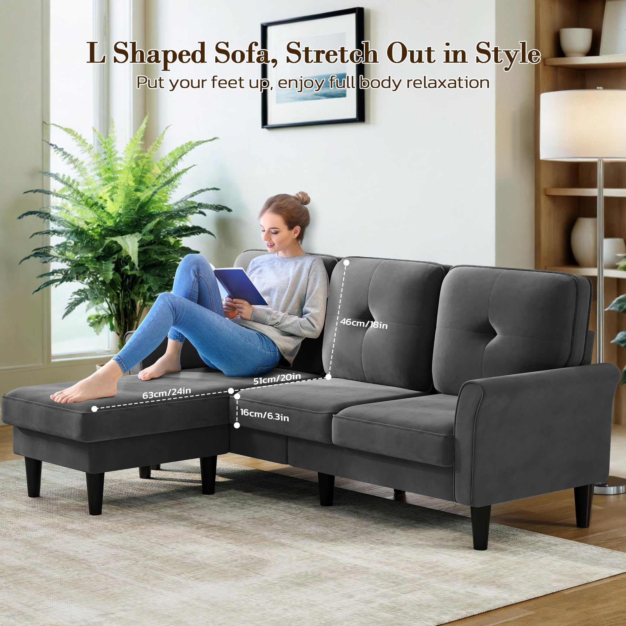 83" Velvet Sectional Couch with Moveable Ottoman