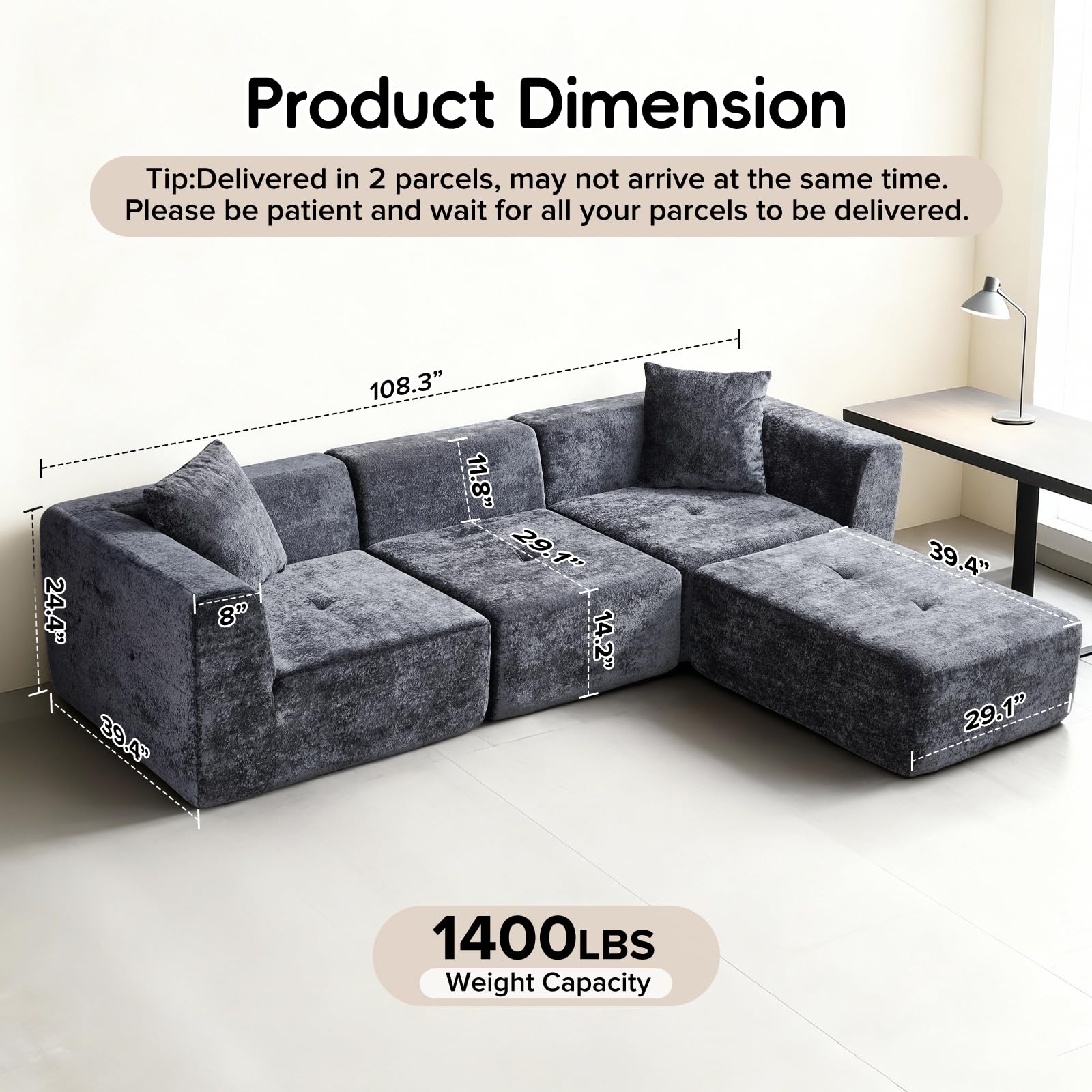 Cloud Modular Sectional Sofa - 108" L-Shaped Velvet Couch with Chaise