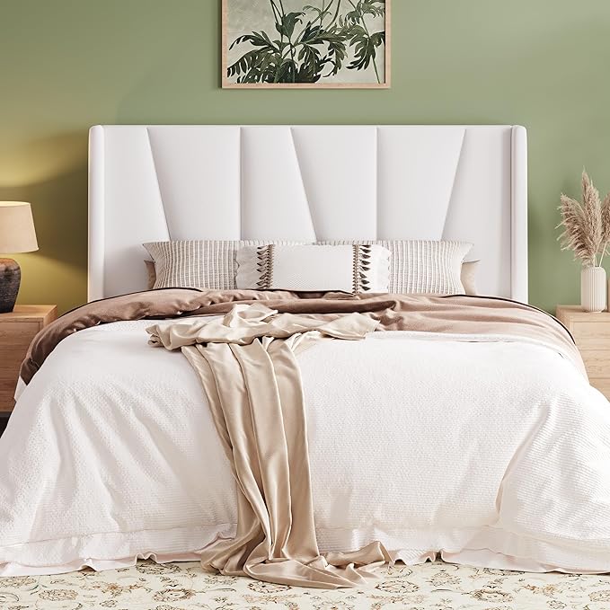 Queen Platform Bed Frame with Geometric Wingback Headboard