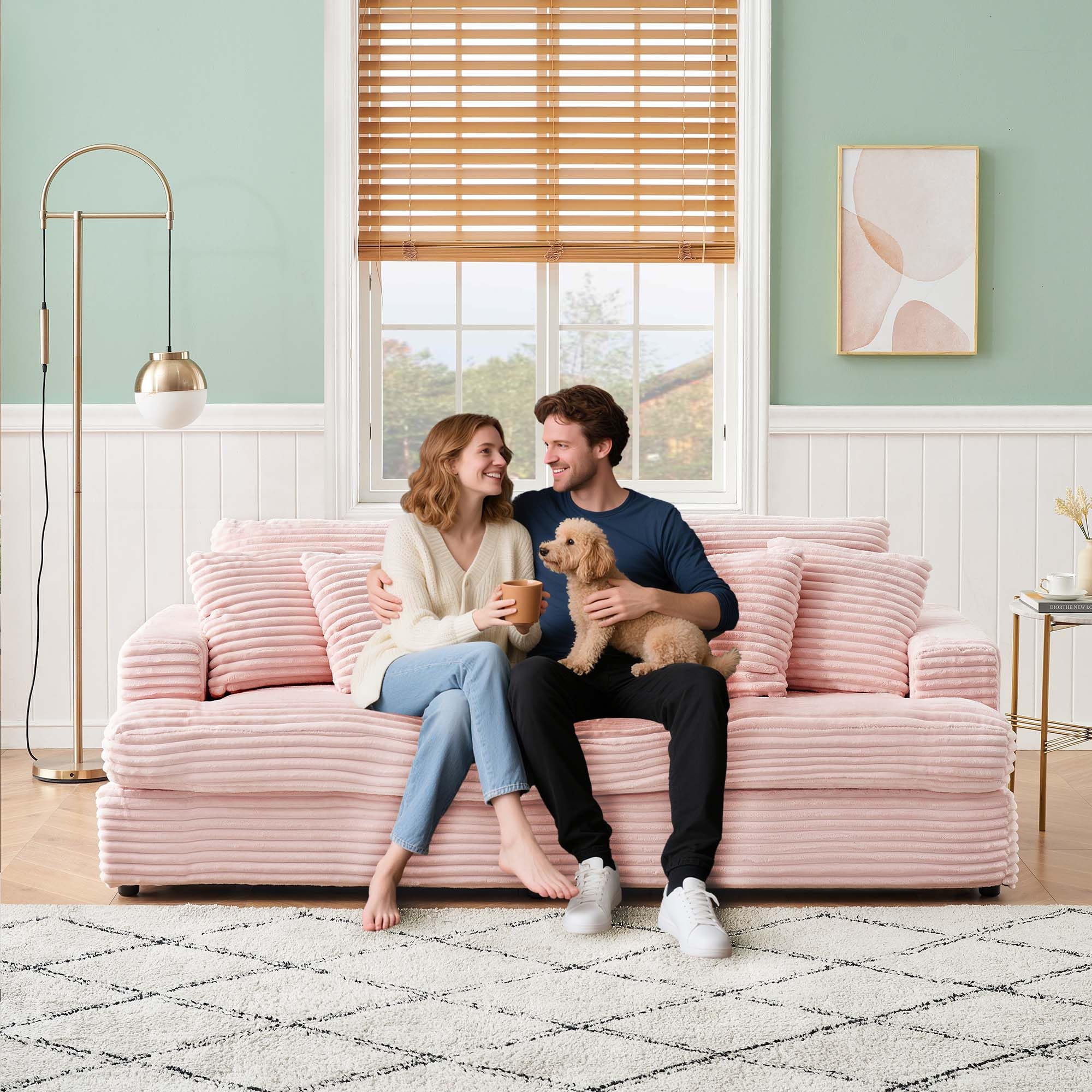 Pink Corduroy Sleeper Sofa 3-Seater with Deep Seat