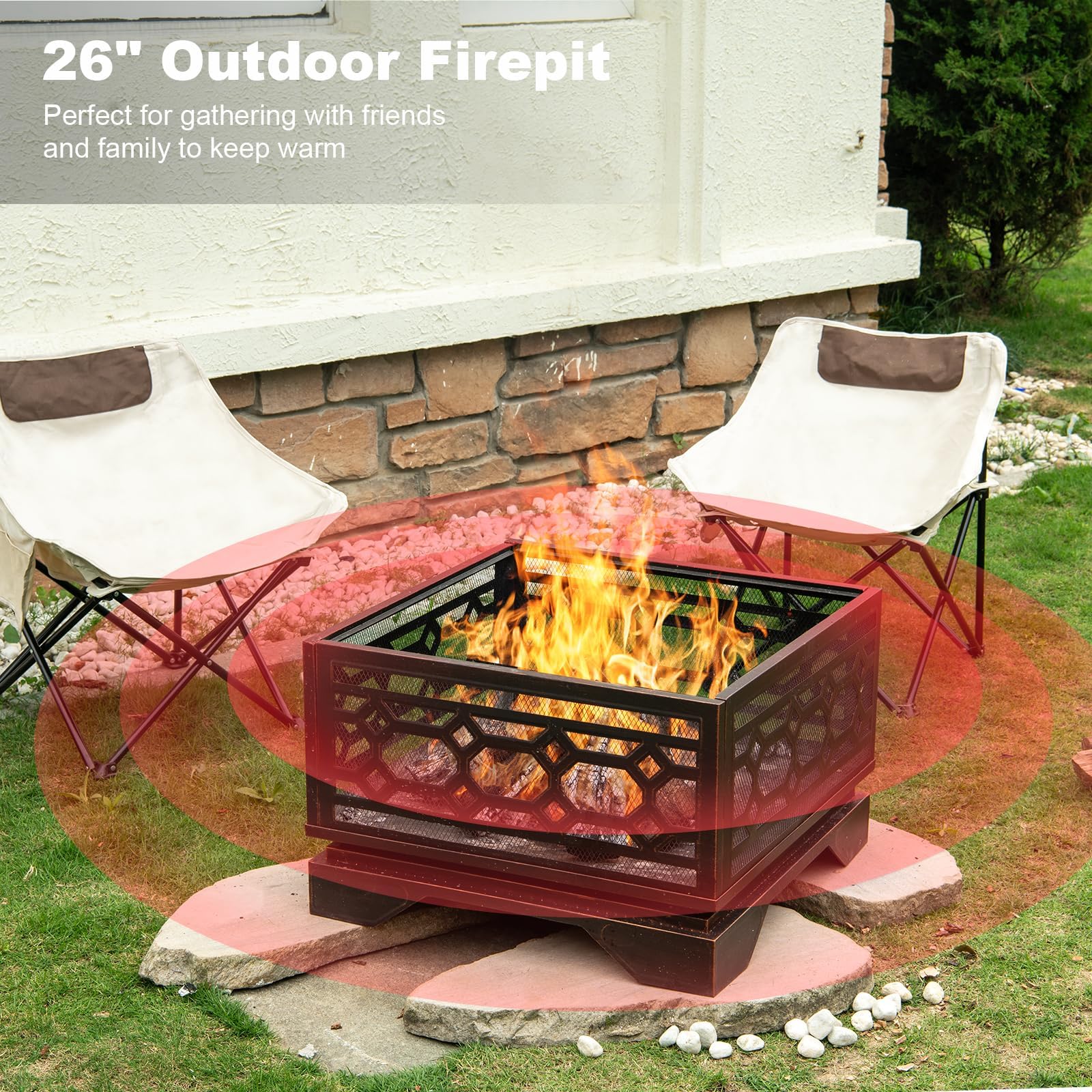 26 Inch Square Wood Burning Fire Pit with Mesh Cover