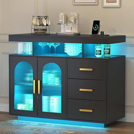 LED Sideboard Buffet Cabinet with Charging Station