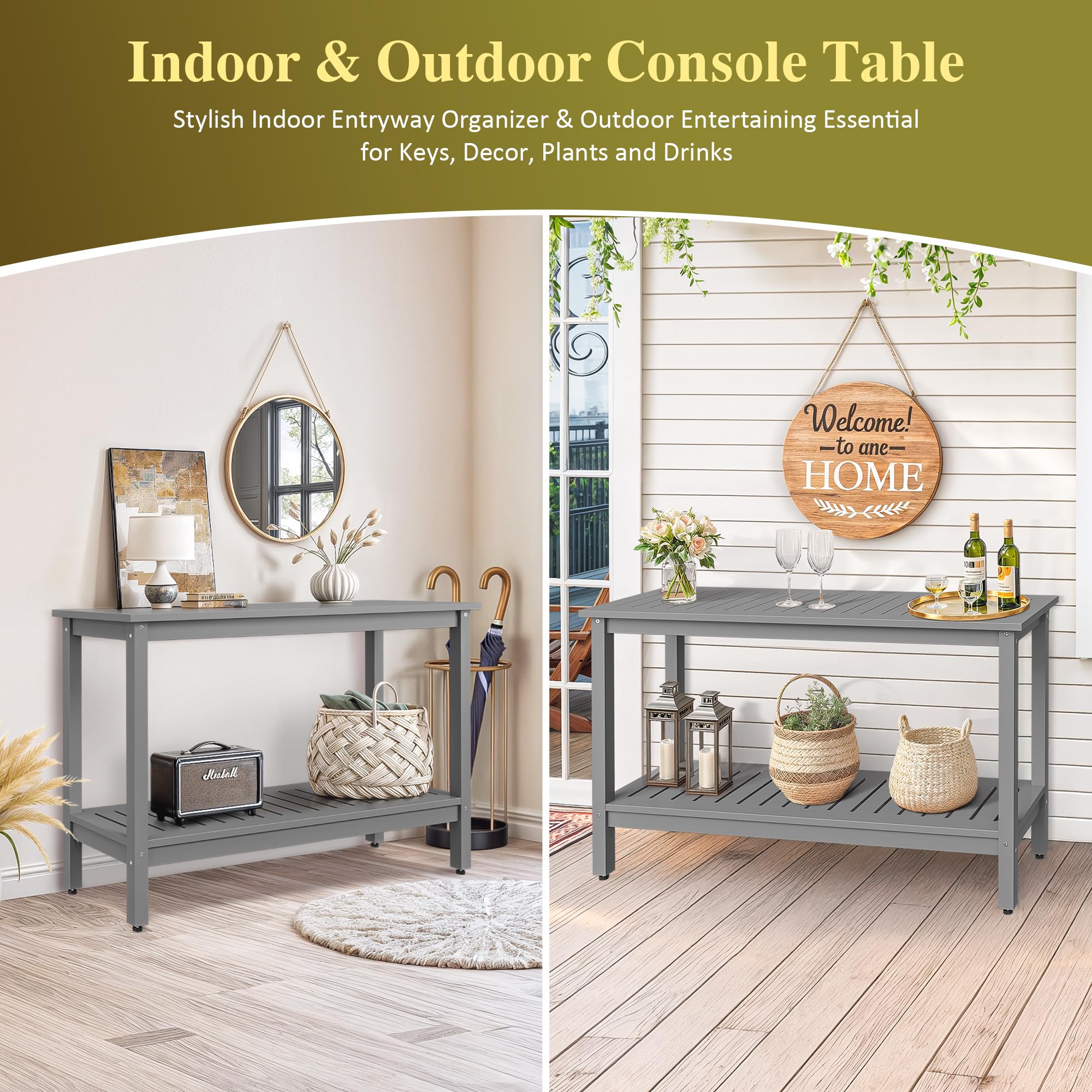 48 Inch Outdoor Console Table 2-Tier Solid Wood