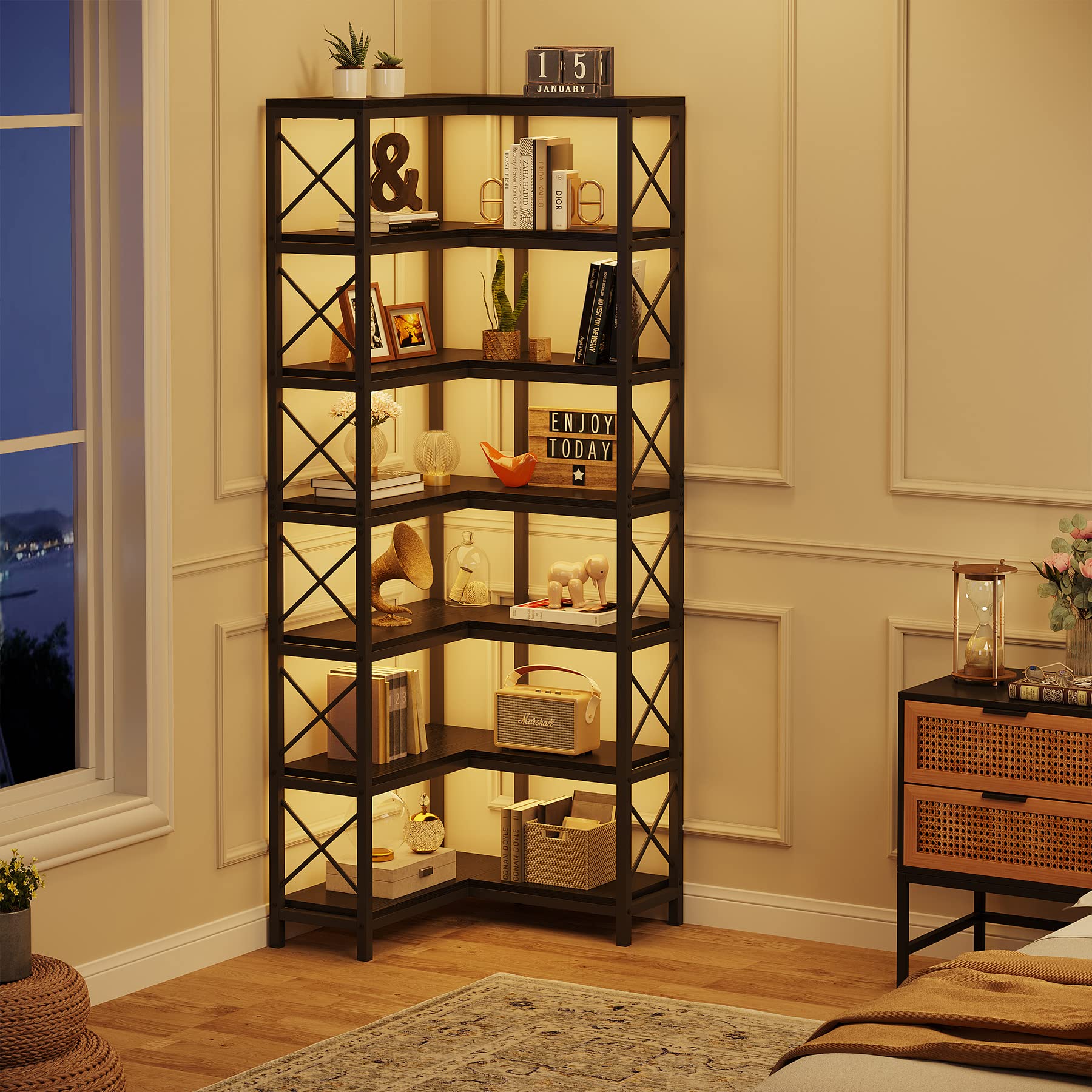 7-Tier Corner Bookshelf with Metal Frame