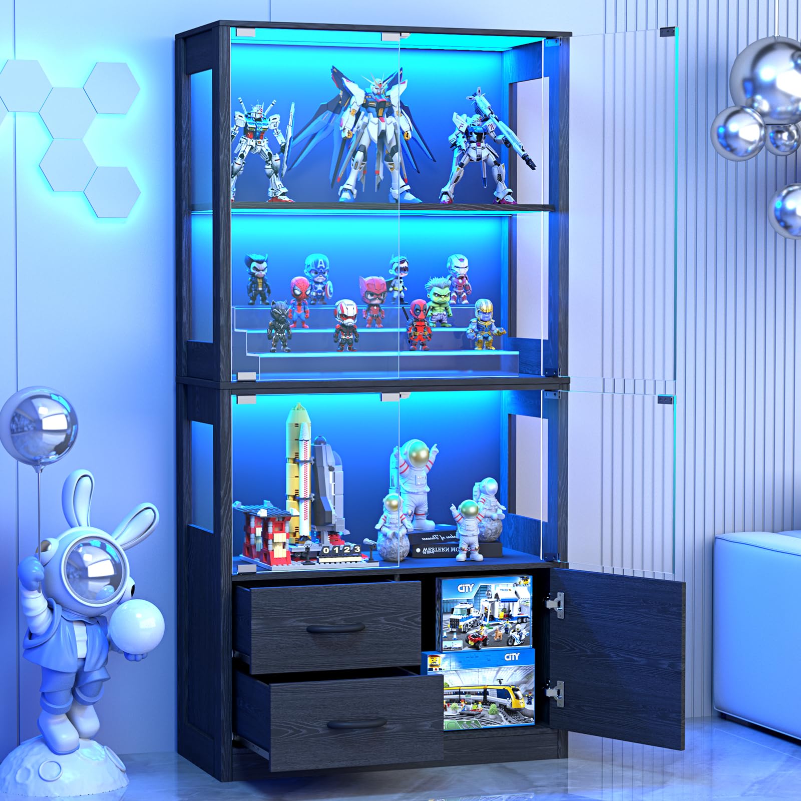 4-Tier Display Cabinet with Glass Doors and LED Lights