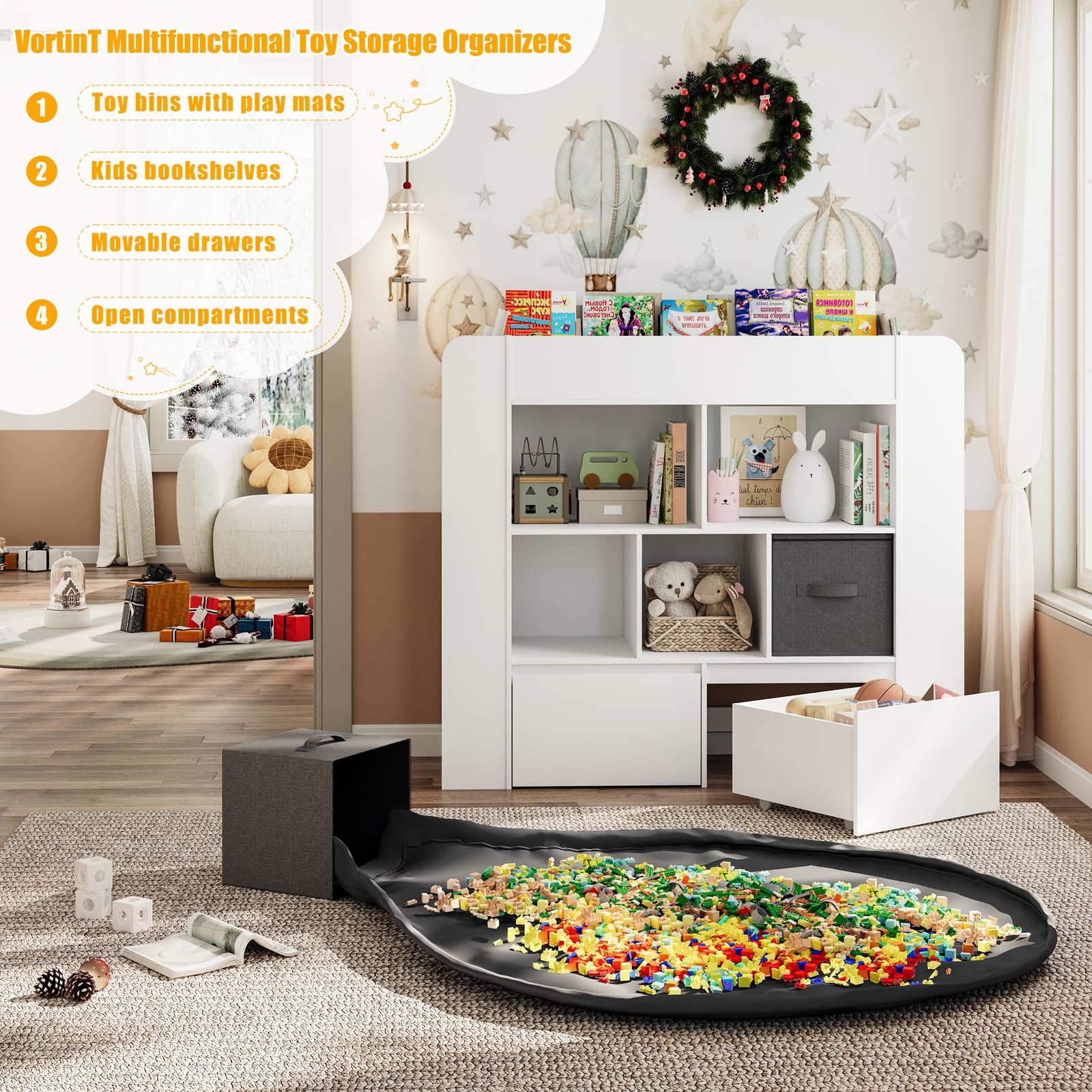 Kids Bookshelf with Toy Storage and Play Mat