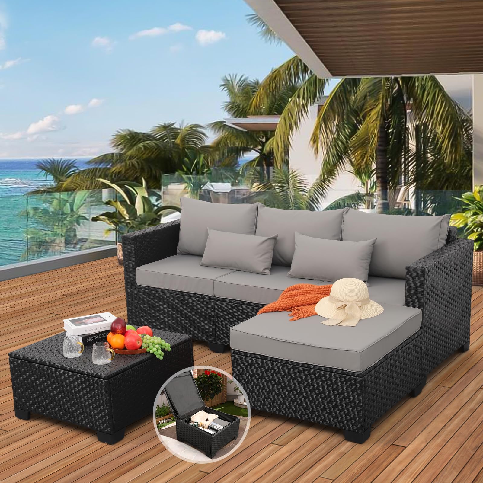 Outdoor Wicker Patio Furniture Set with Ottoman and Storage Table