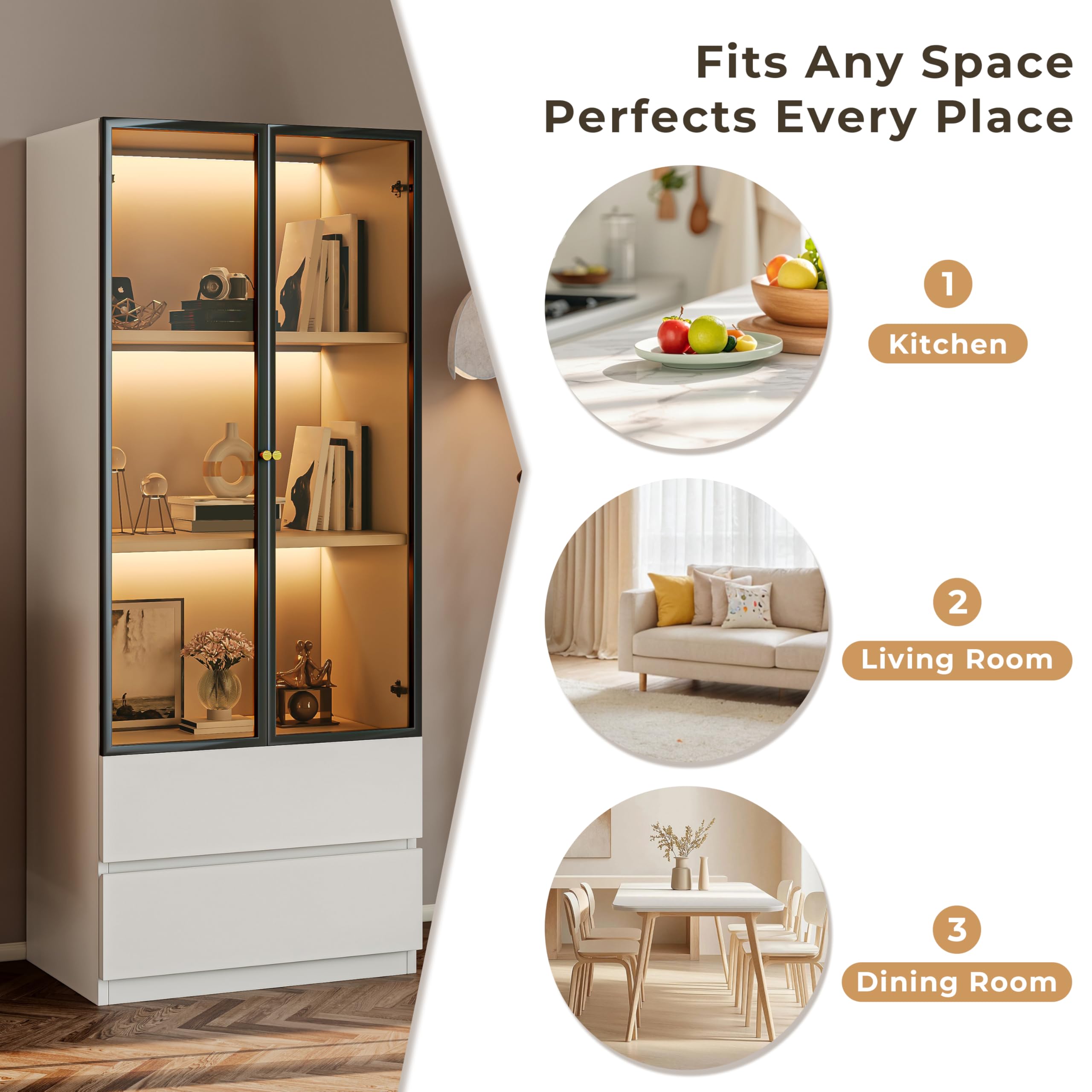 Modern White Lighted Glass Display Cabinet with Two Drawers