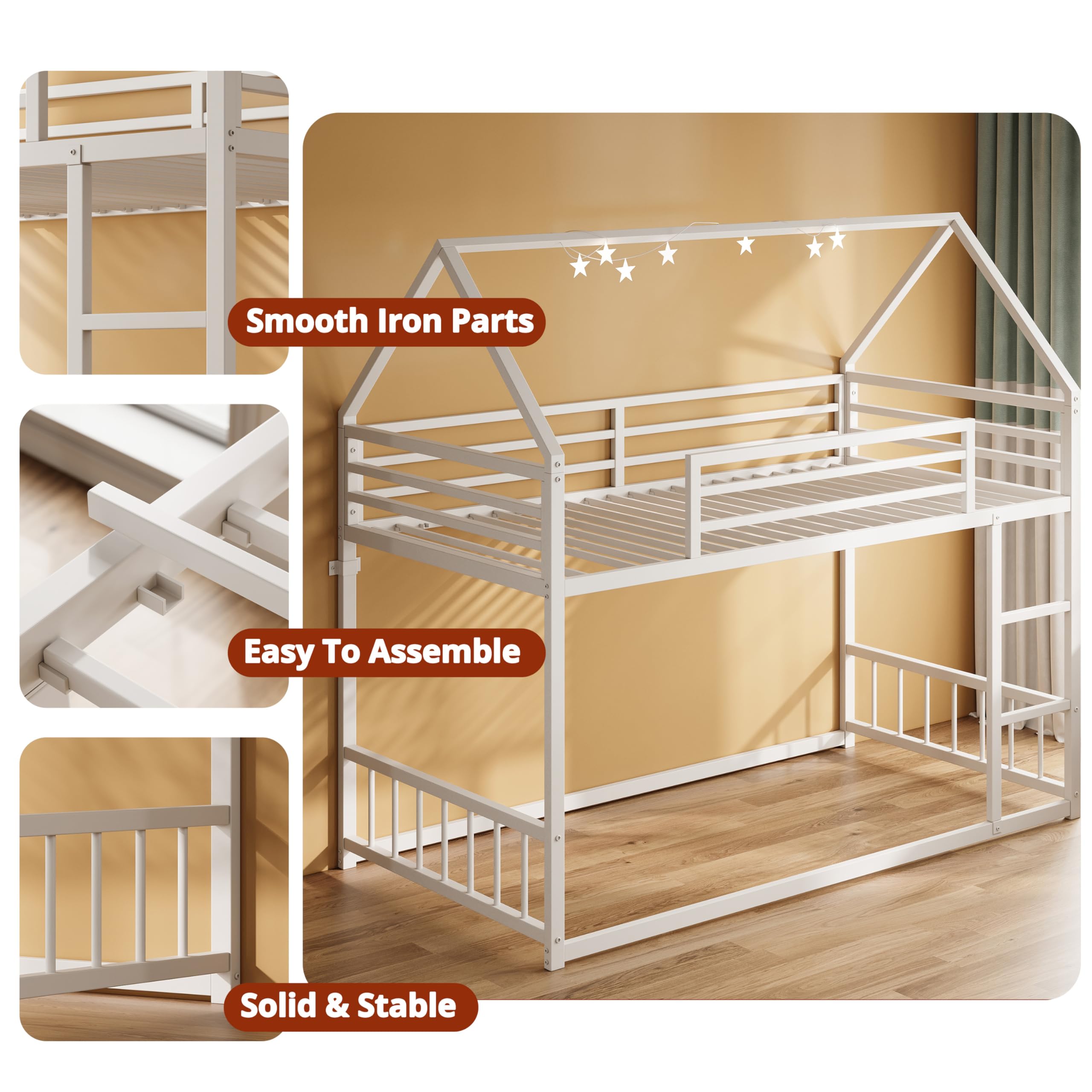 Twin Over Twin House Bunk Bed with Ladder and Guardrail