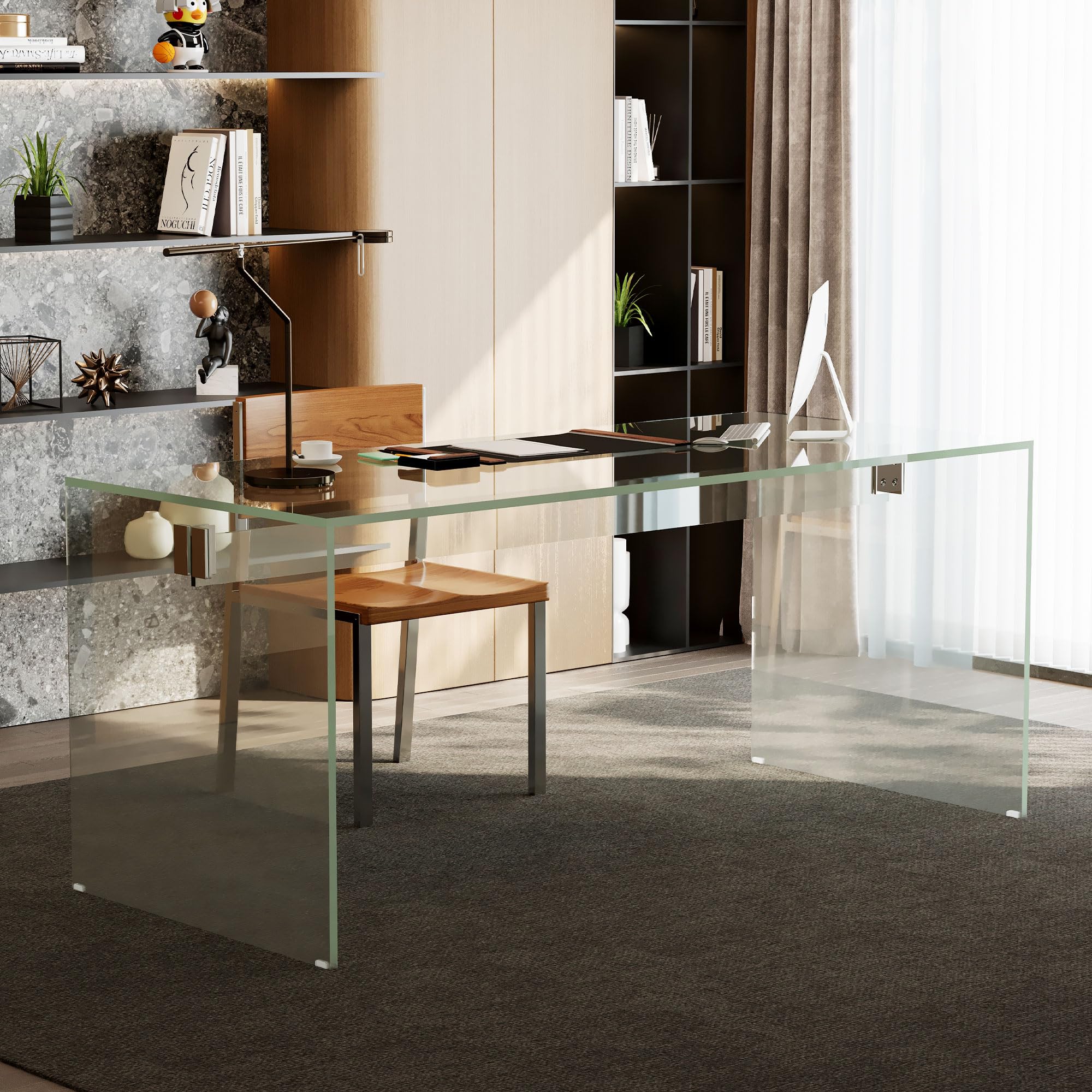 53.14" Modern Tempered Glass Executive Desk with Drawer