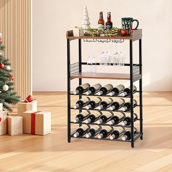 5-Tier Wood Wine Rack with Glass Holder