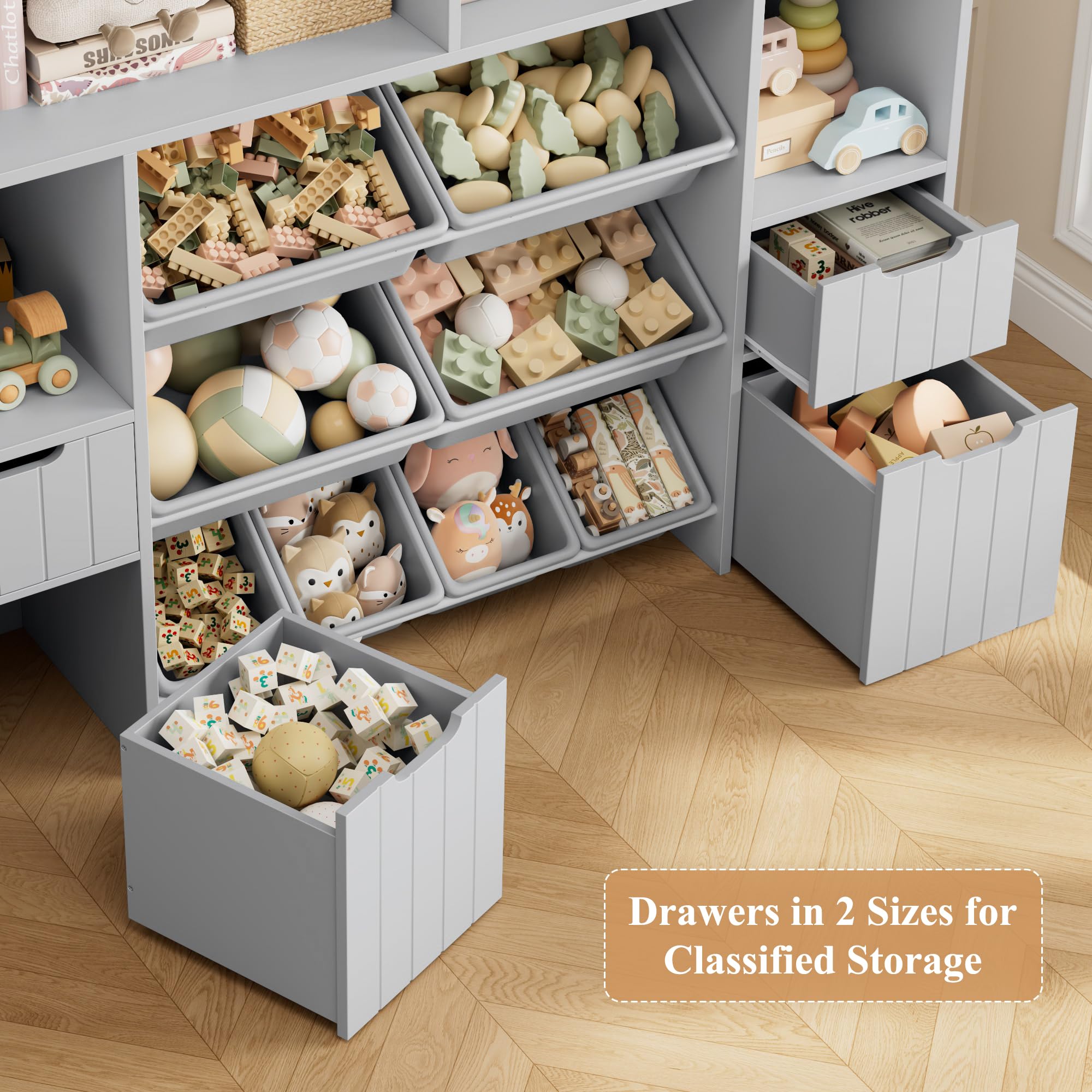 55" Toy Storage Organizer with Drawers and Removable Bins