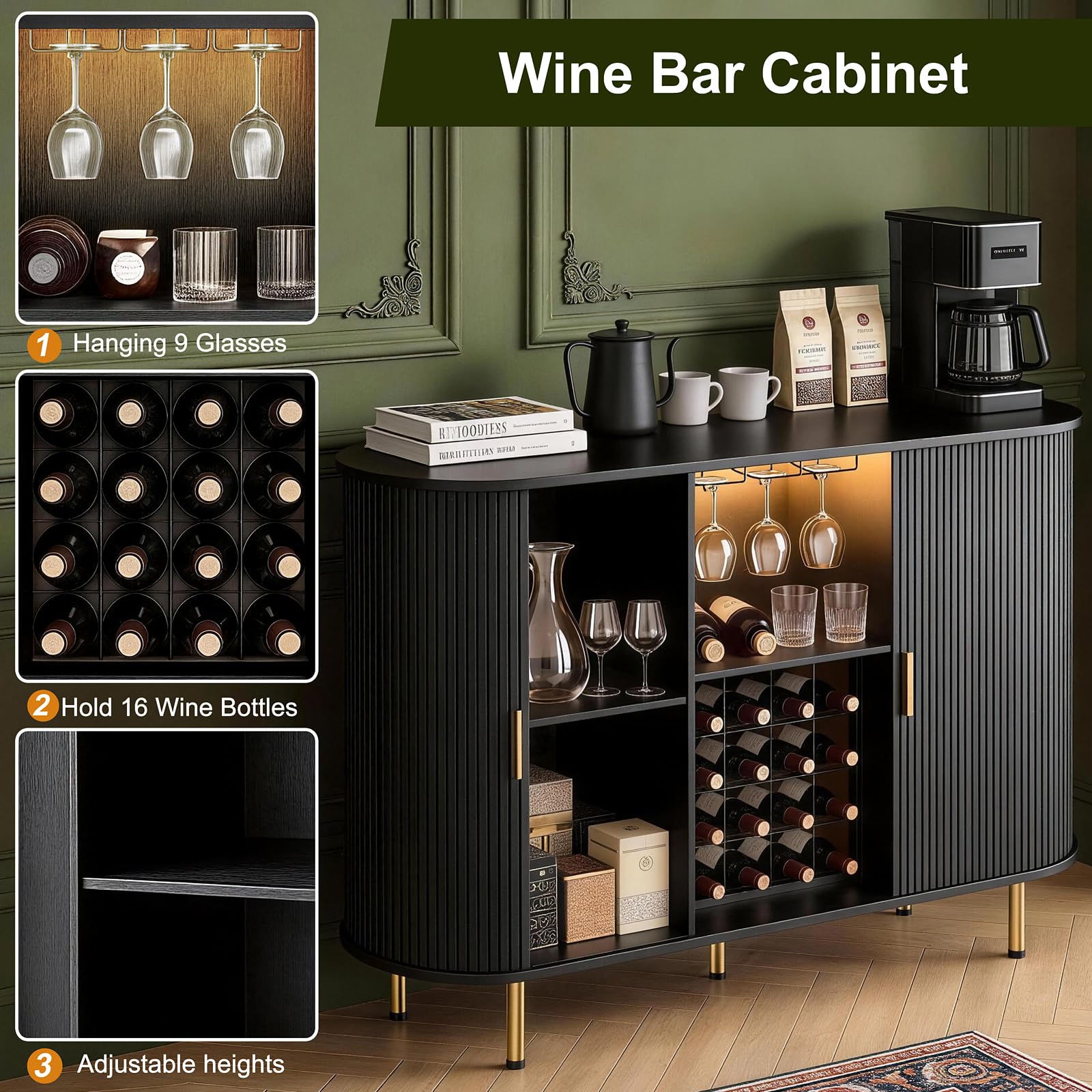 Wine Bar Cabinet with LED Lights and Storage