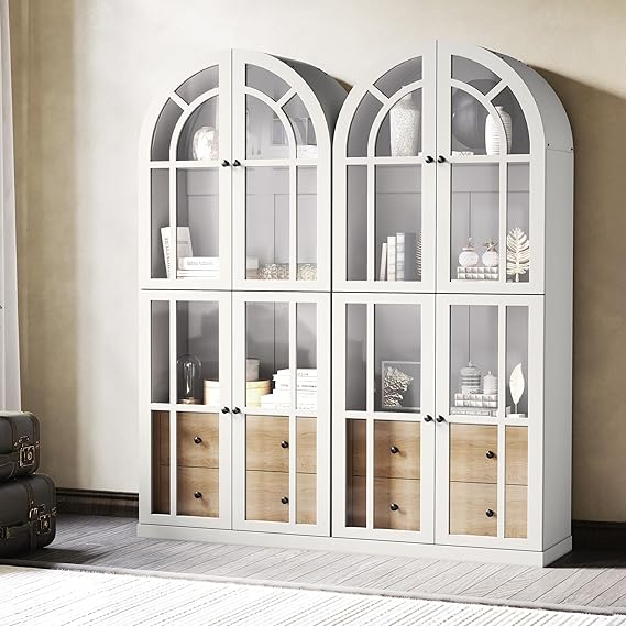 Arched Glass Door Cabinet with Drawers and Shelves